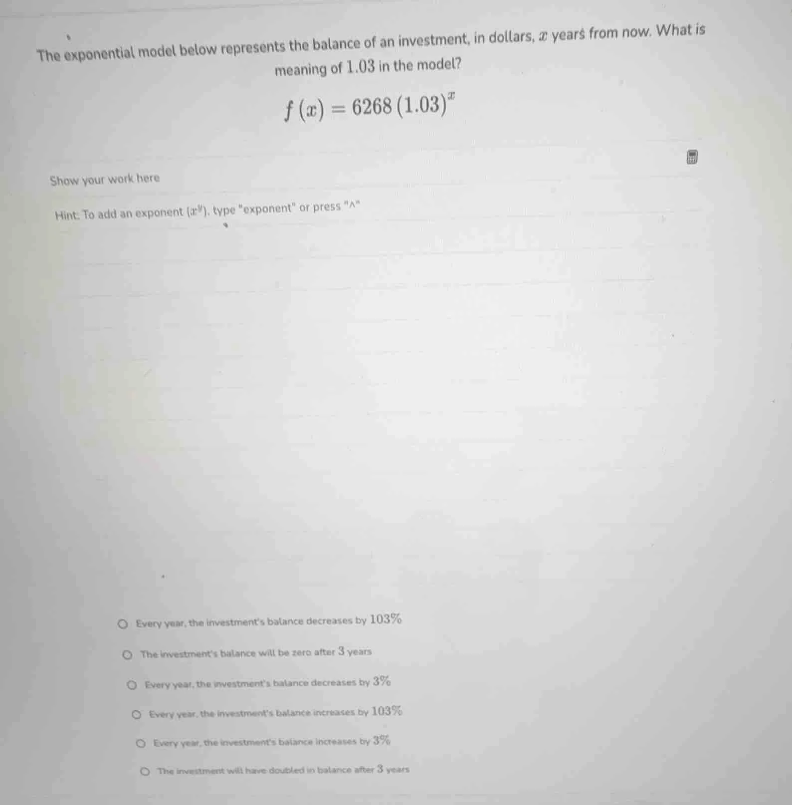 the exponential model below represents the balance of an investment, in…