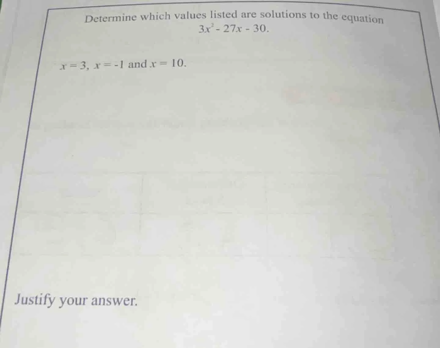 determine which values listed are solutions to the equation $3x^2 - 27x…