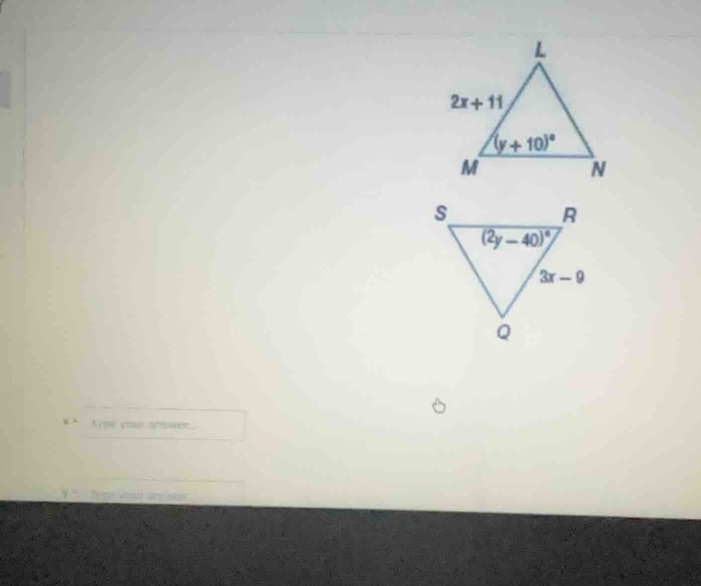 in triangle lmn: side lm is $2x+11$, angle at m is $(y+10)^{circ}$ in t…