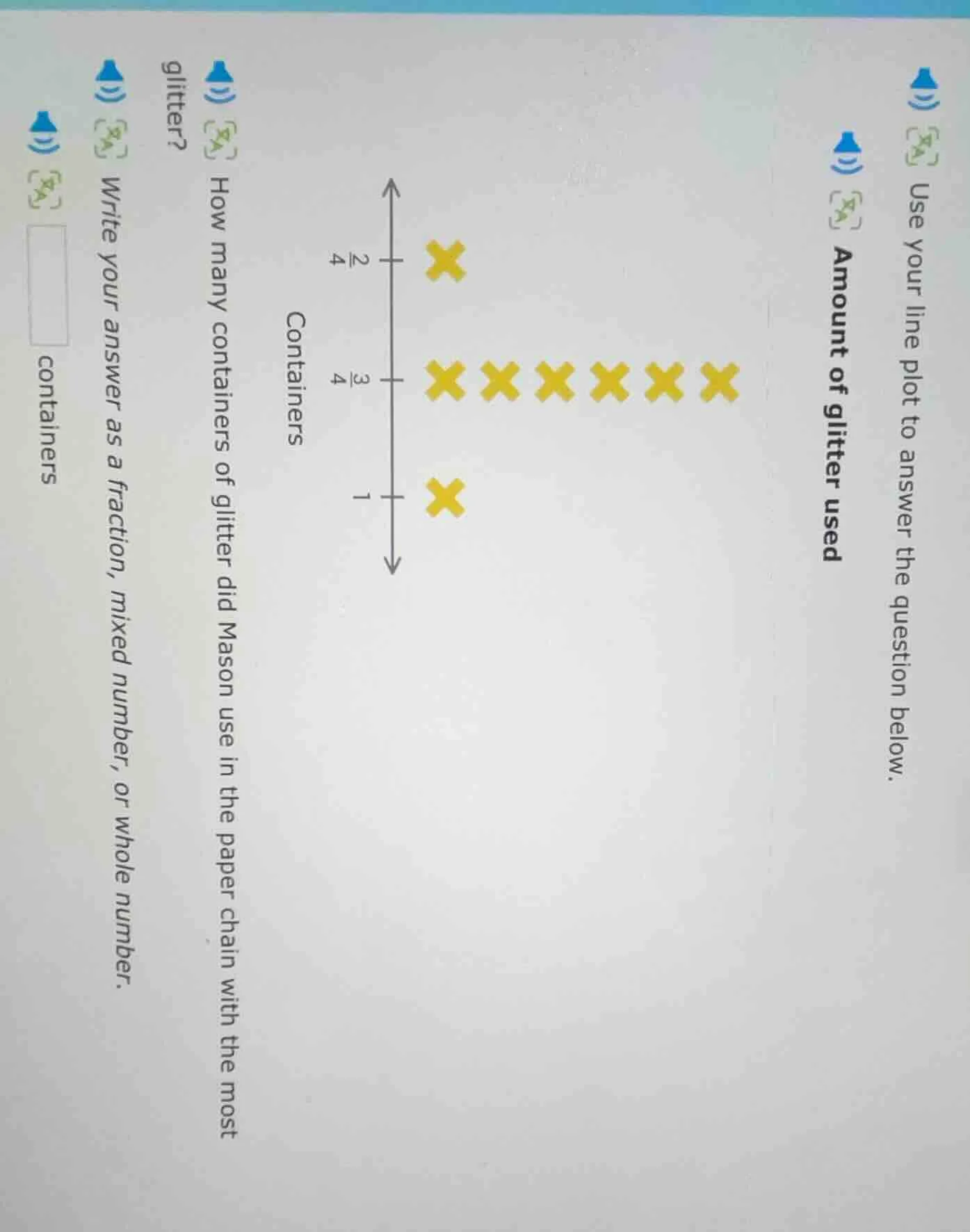 use your line plot to answer the question below. amount of glitter used…