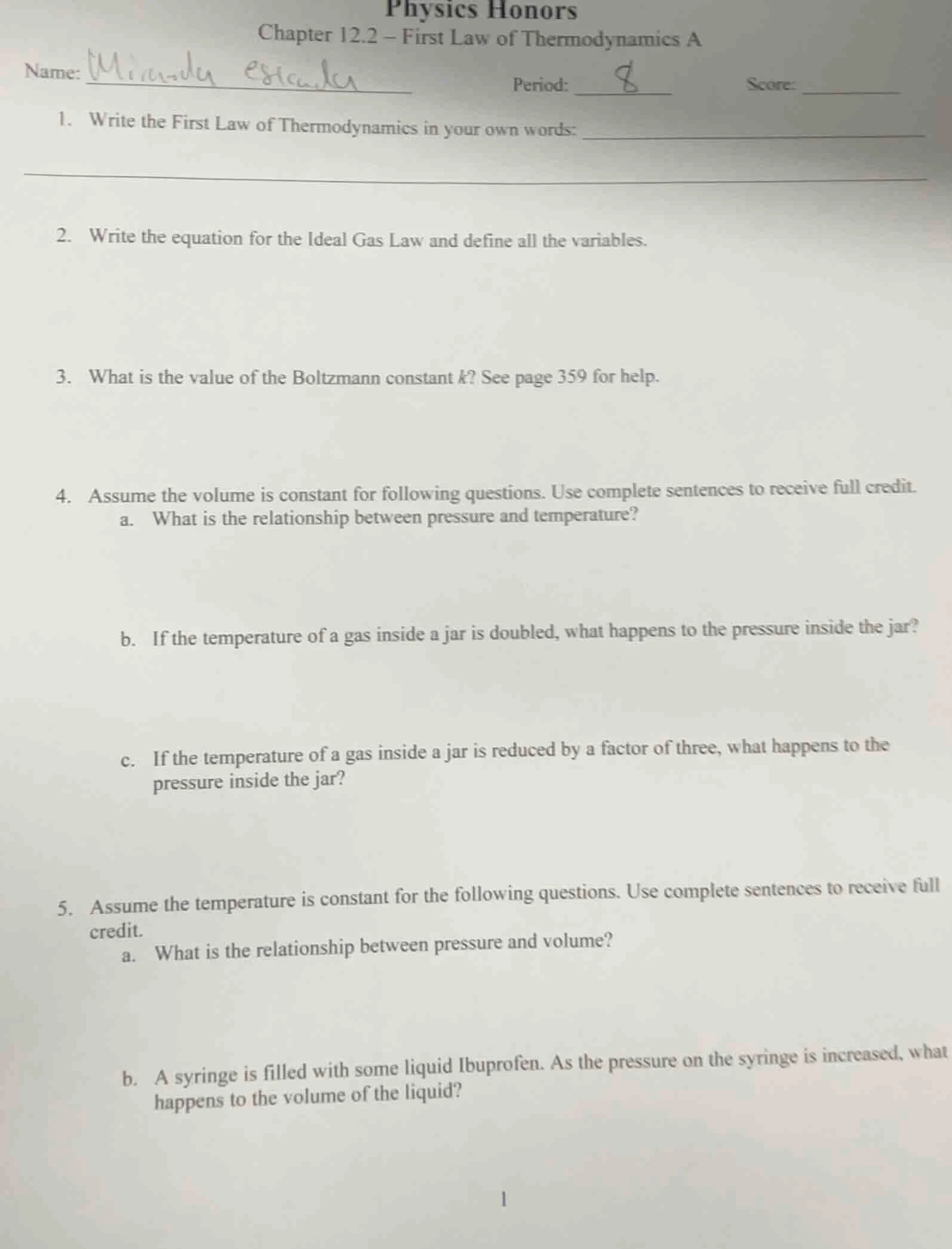 physics honors chapter 12.2 – first law of thermodynamics a name: miran…