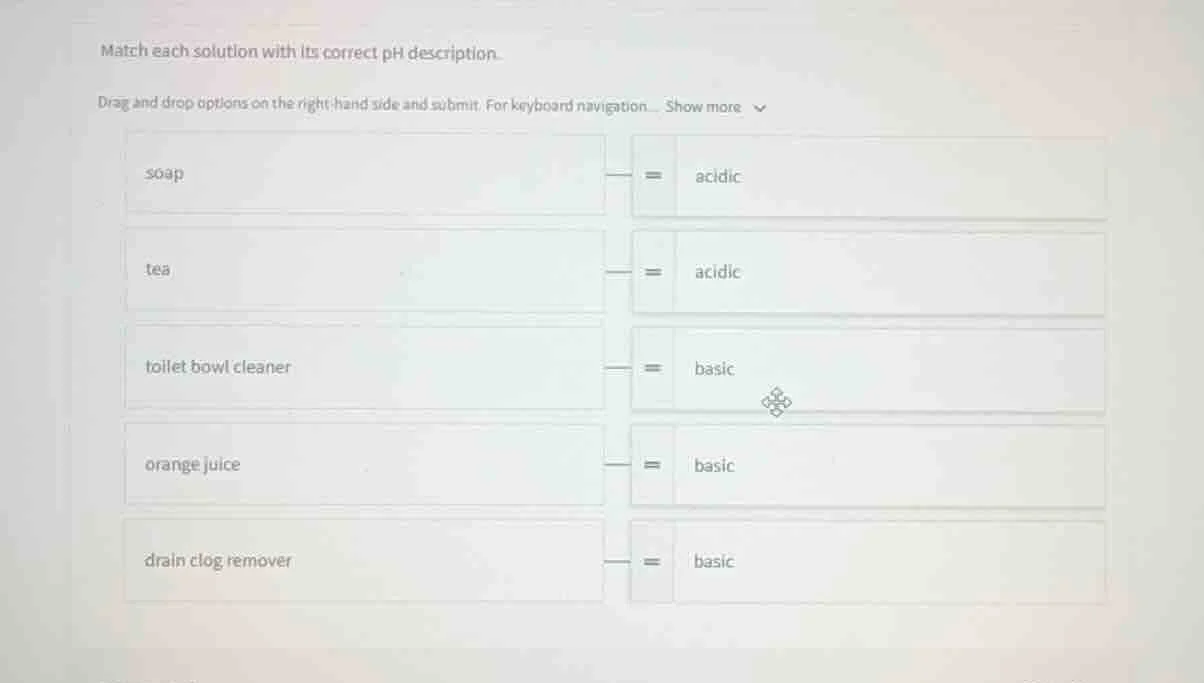 match each solution with its correct ph description. drag and drop opti…