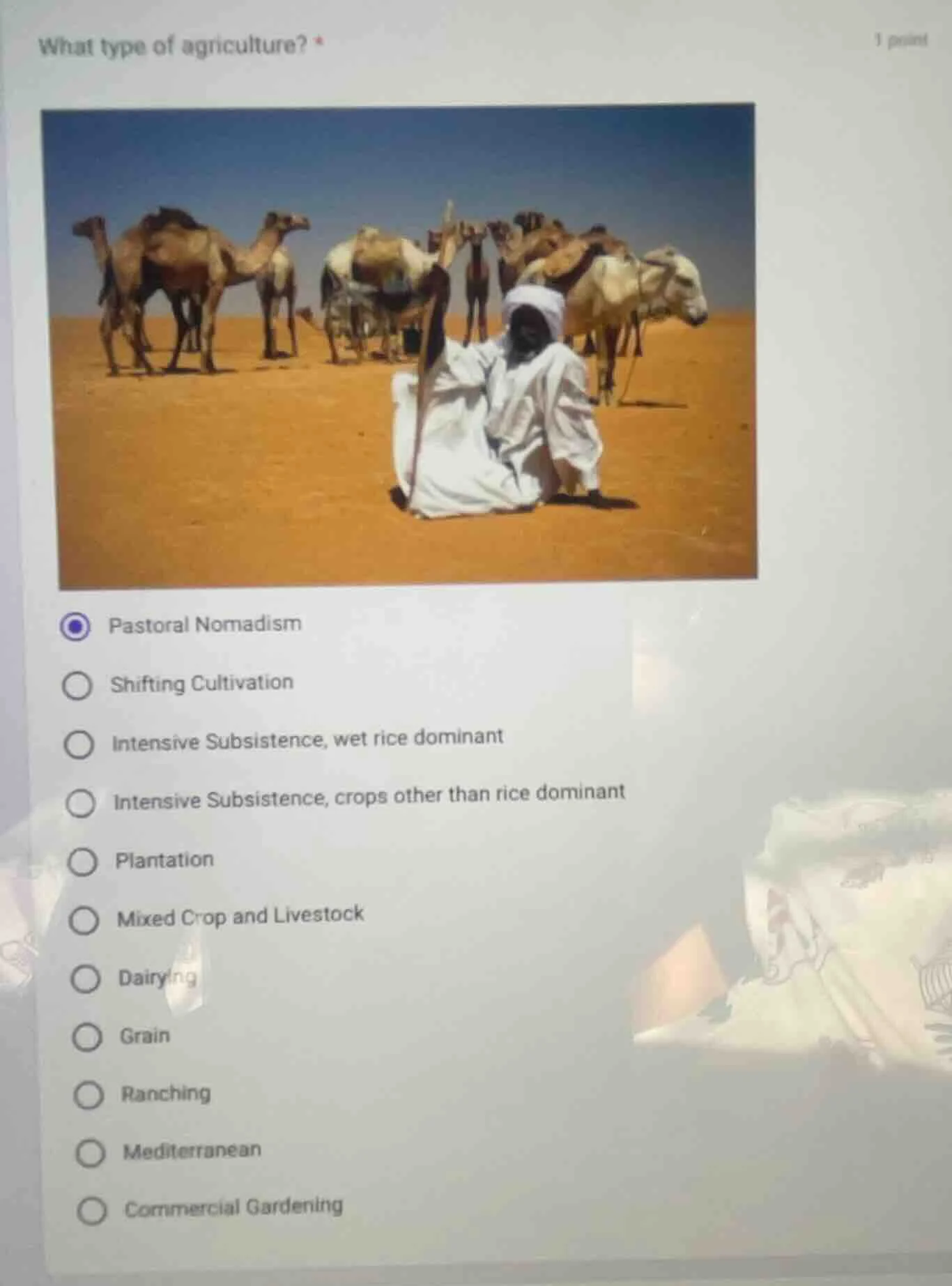 what type of agriculture? * 1 point pastoral nomadism shifting cultivat…