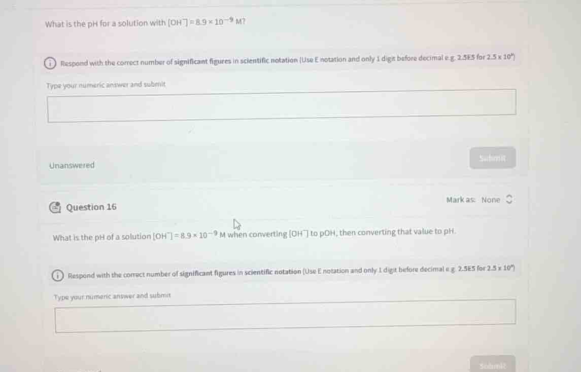 what is the ph for a solution with $oh^- = 8.9 \\times 10^{-9}$ m? resp…