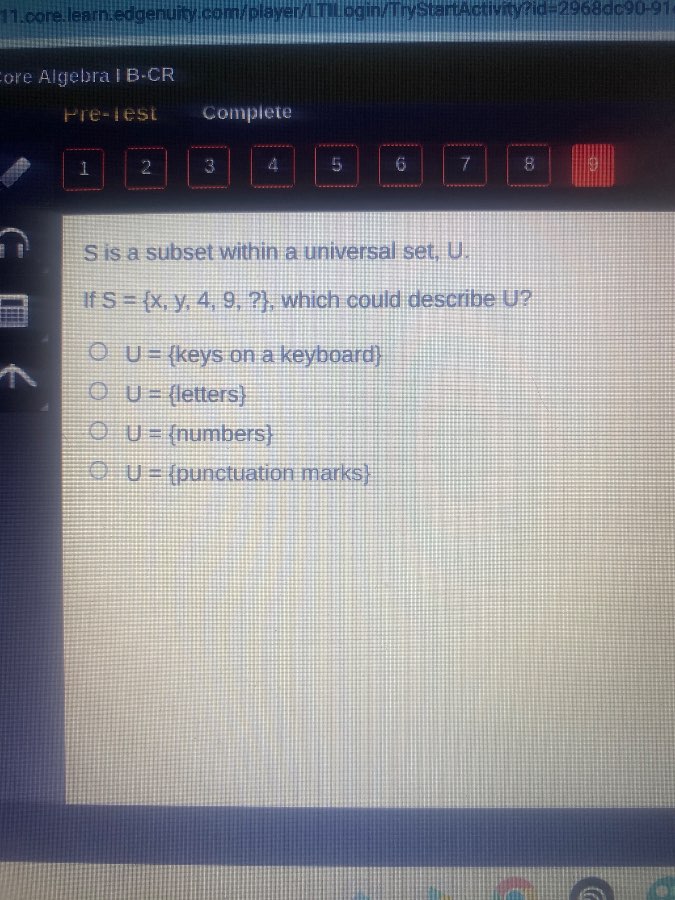 s is a subset within a universal set, u. if s = {x, y, 4, 9, ?}, which …