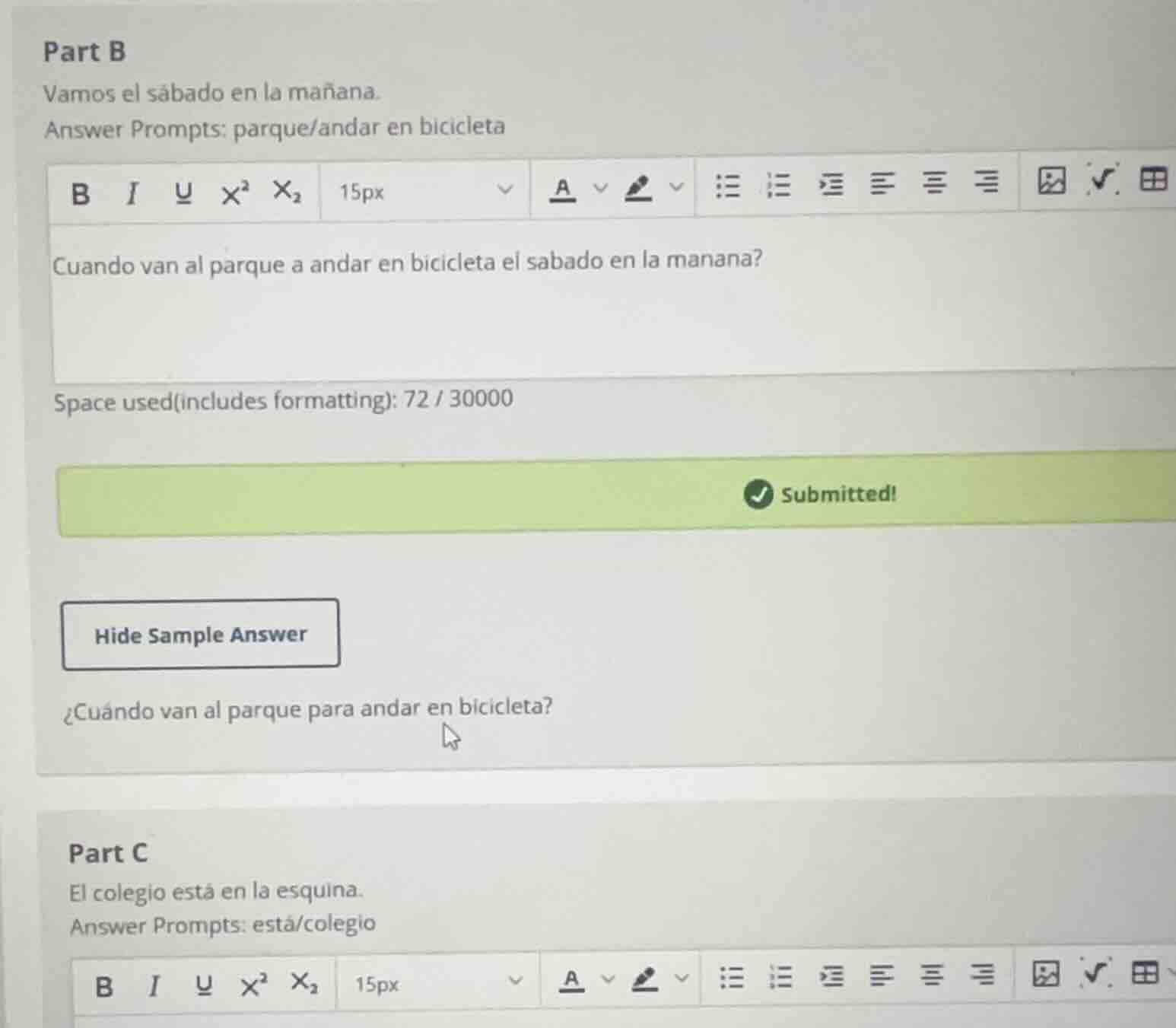 part b vamos el sábado en la mañana. answer prompts: parque/andar en bi…