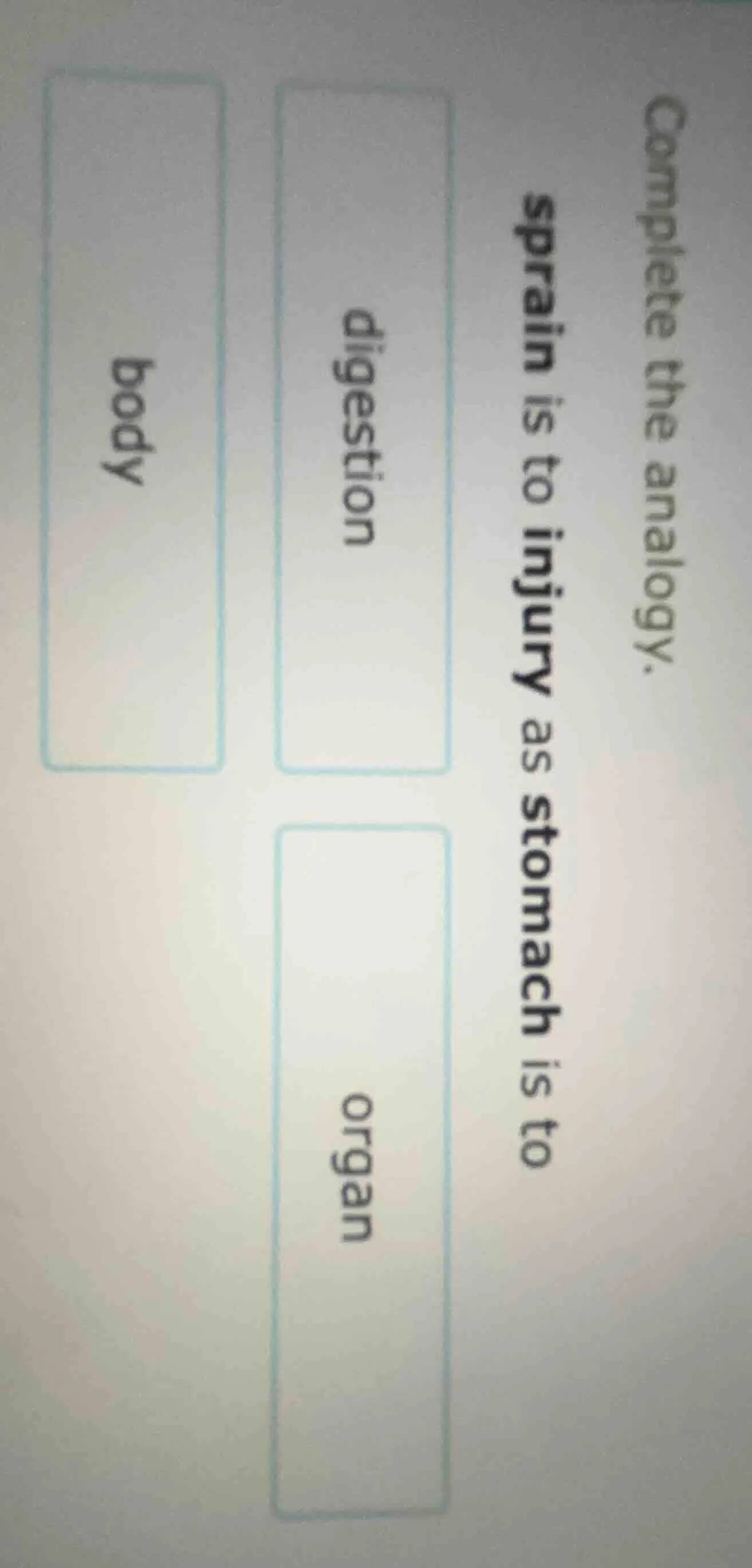 complete the analogy. sprain is to injury as stomach is to digestion or…