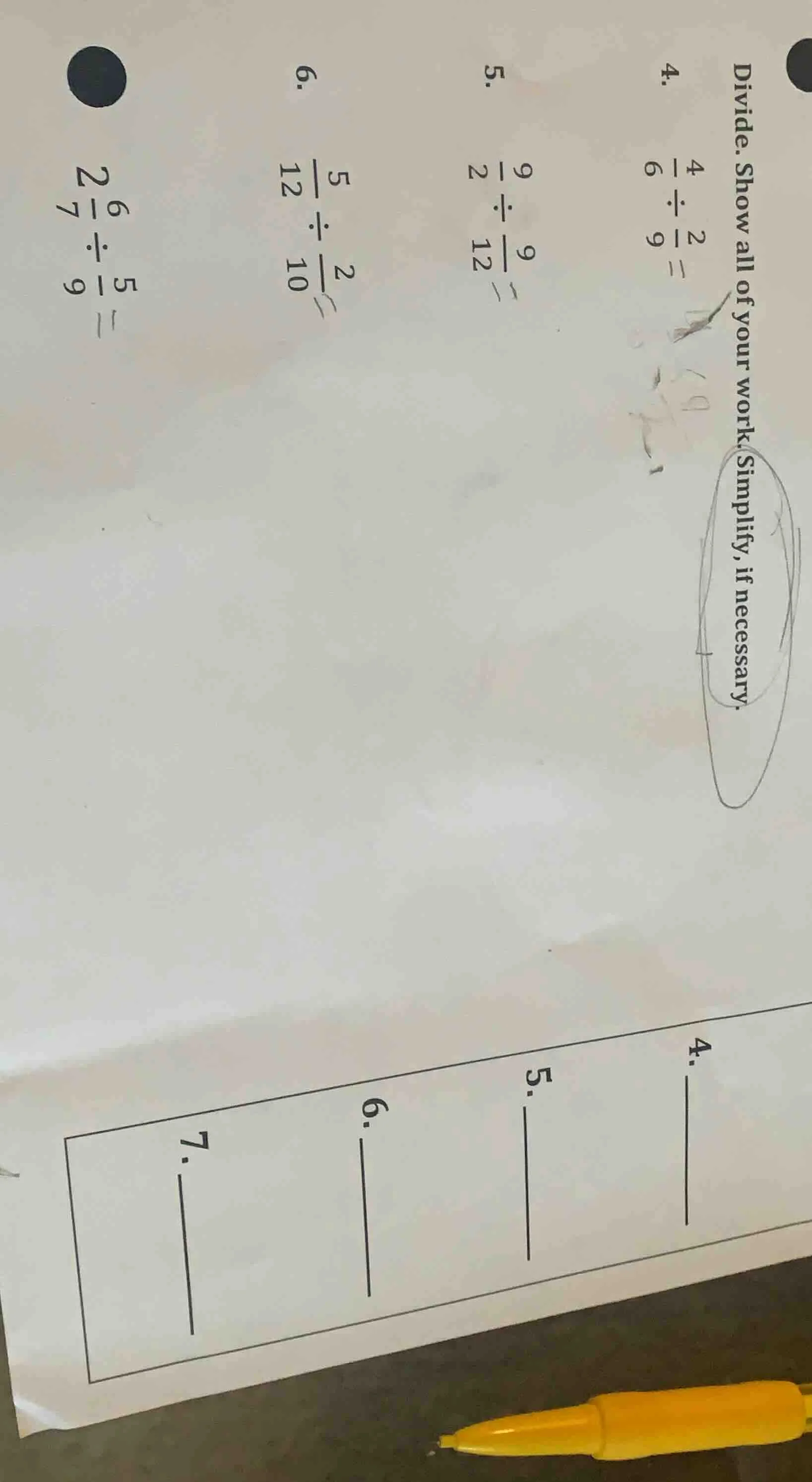 divide. show all of your work. simplify, if necessary. 4. $\frac{4}{6} …