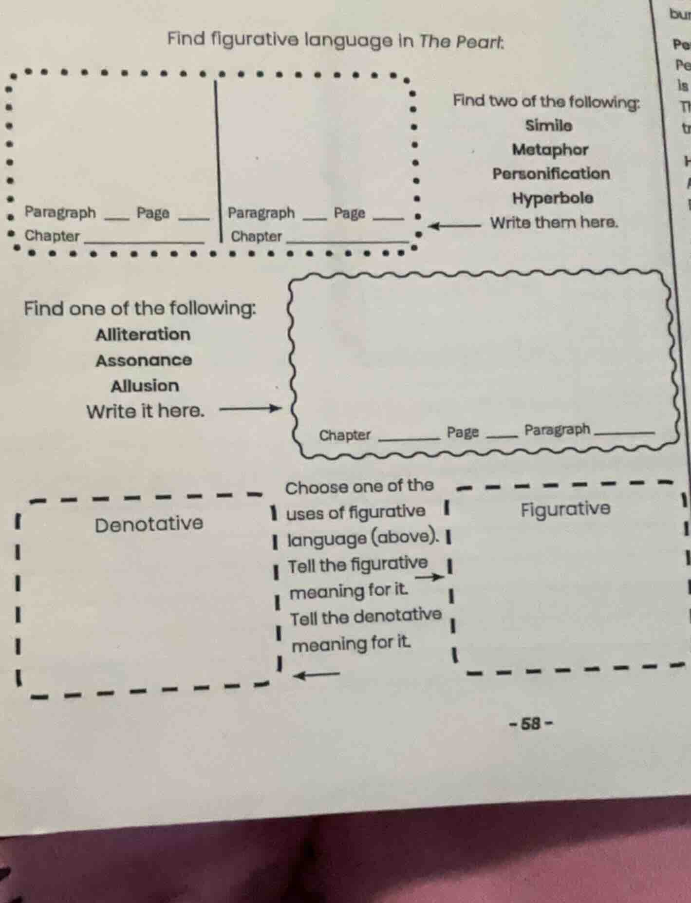 find figurative language in the pearl: find two of the following: simil…