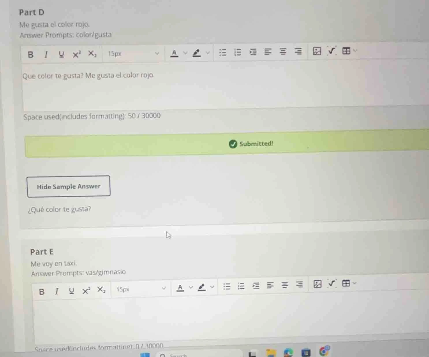 part d me gusta el color rojo. answer prompts: color/gusta que color te…