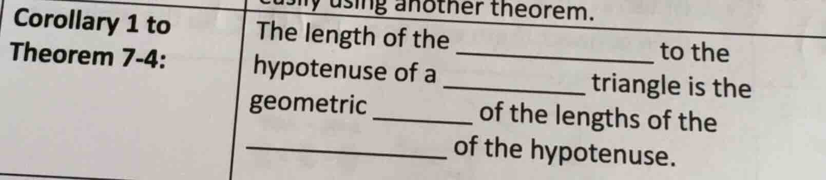 corollary 1 to theorem 7-4: the length of the ______________ to the hyp…