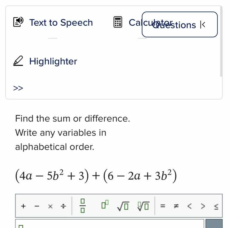 find the sum or difference. write any variables in alphabetical order. …