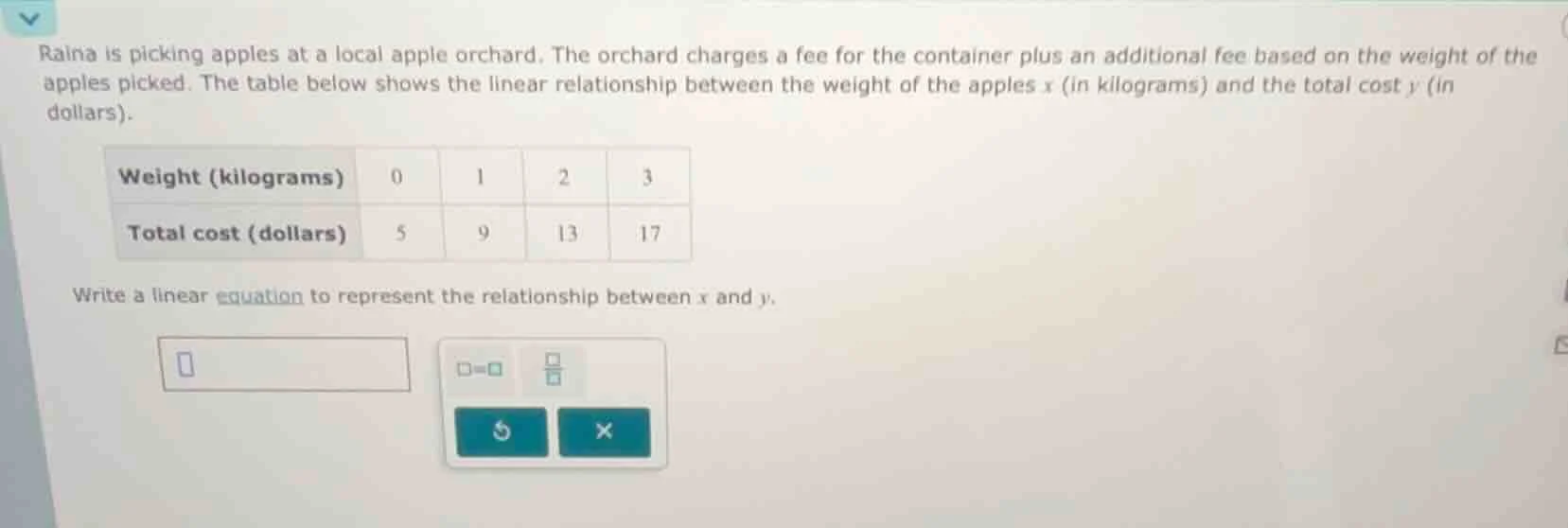 rainà is picking apples at a local apple orchard. the orchard charges a…