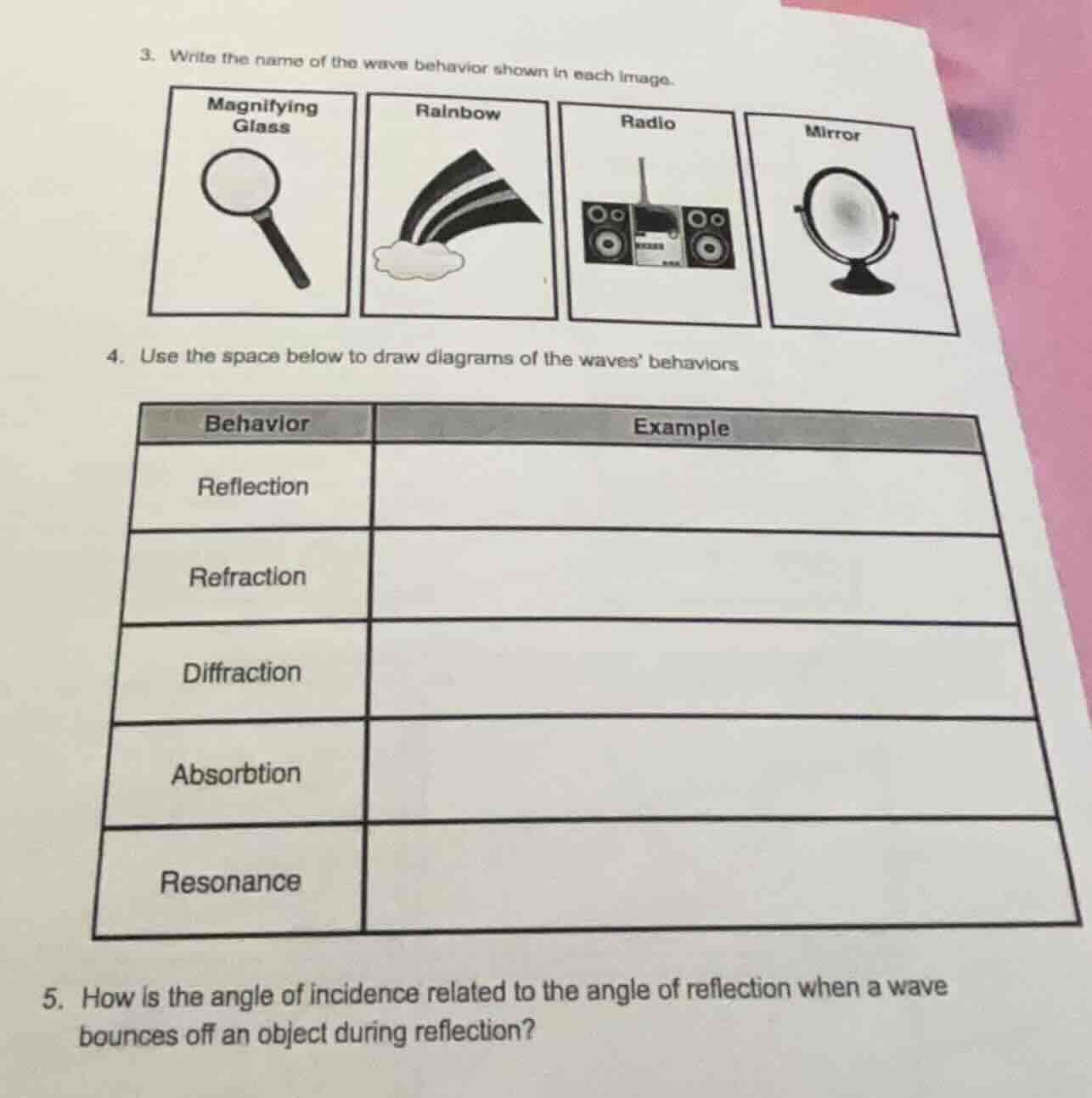 3. write the name of the wave behavior shown in each image. magnifying …