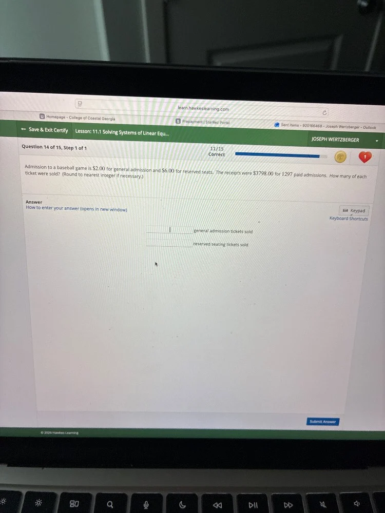 question 14 of 15, step 1 of 1 admission to a baseball game is $2.00 fo…