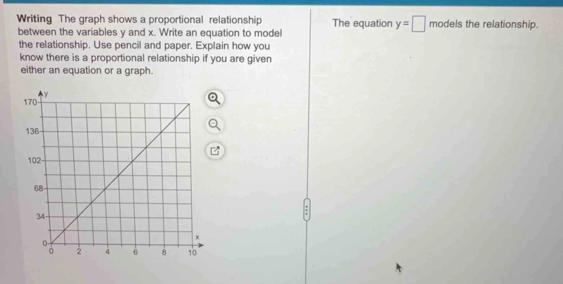 writing the graph shows a proportional relationship between the variabl…