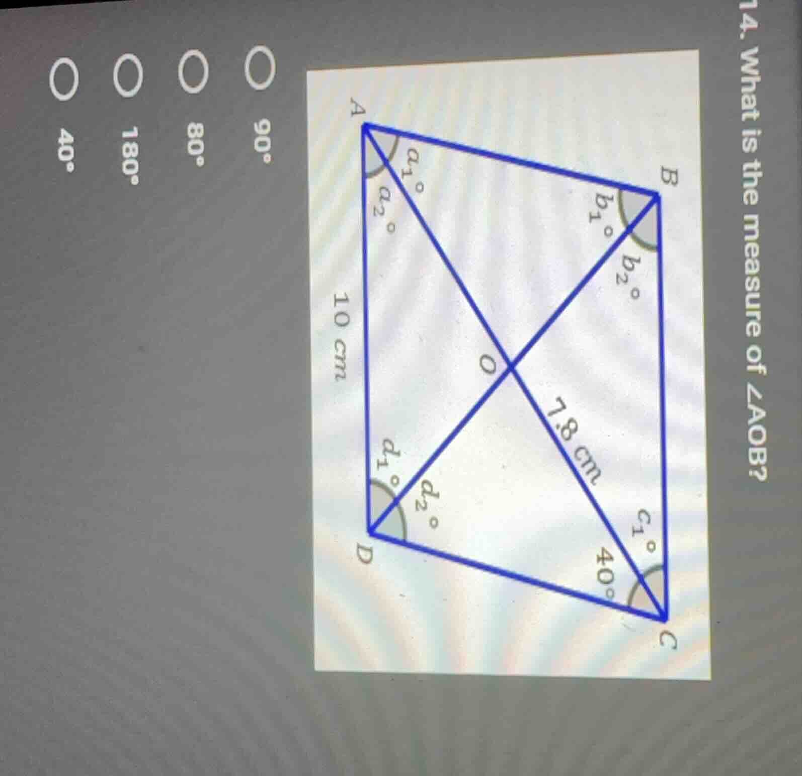 14. what is the measure of $angle aob$?$\bigcirc$ $90^circ$$\bigcirc$ $…