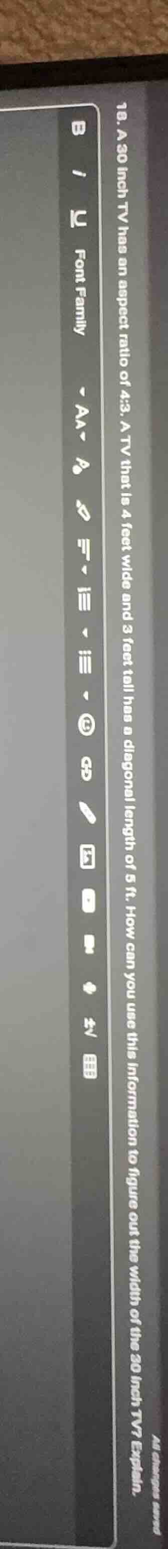 18. a 30 inch tv has an aspect ratio of 4:3. a tv that is 4 feet wide a…