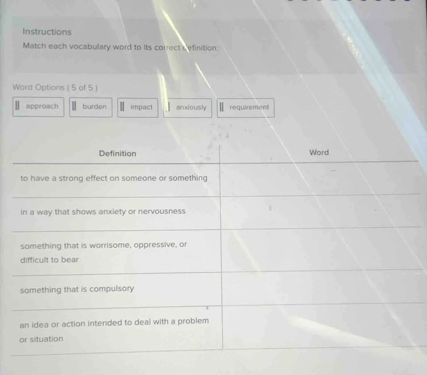 instructions match each vocabulary word to its correct definition: word…