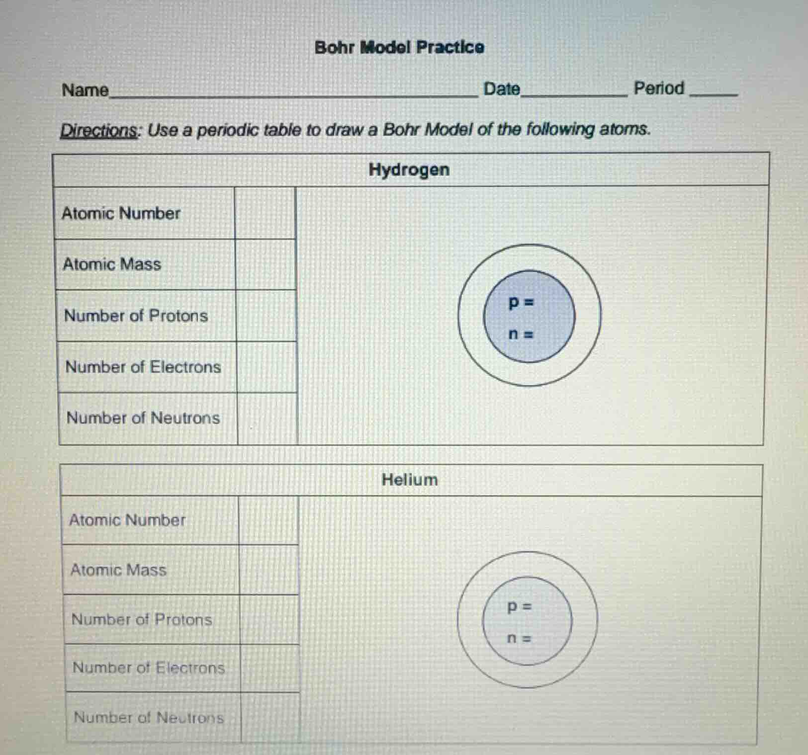 bohr model practice name________________________ date__________ period …