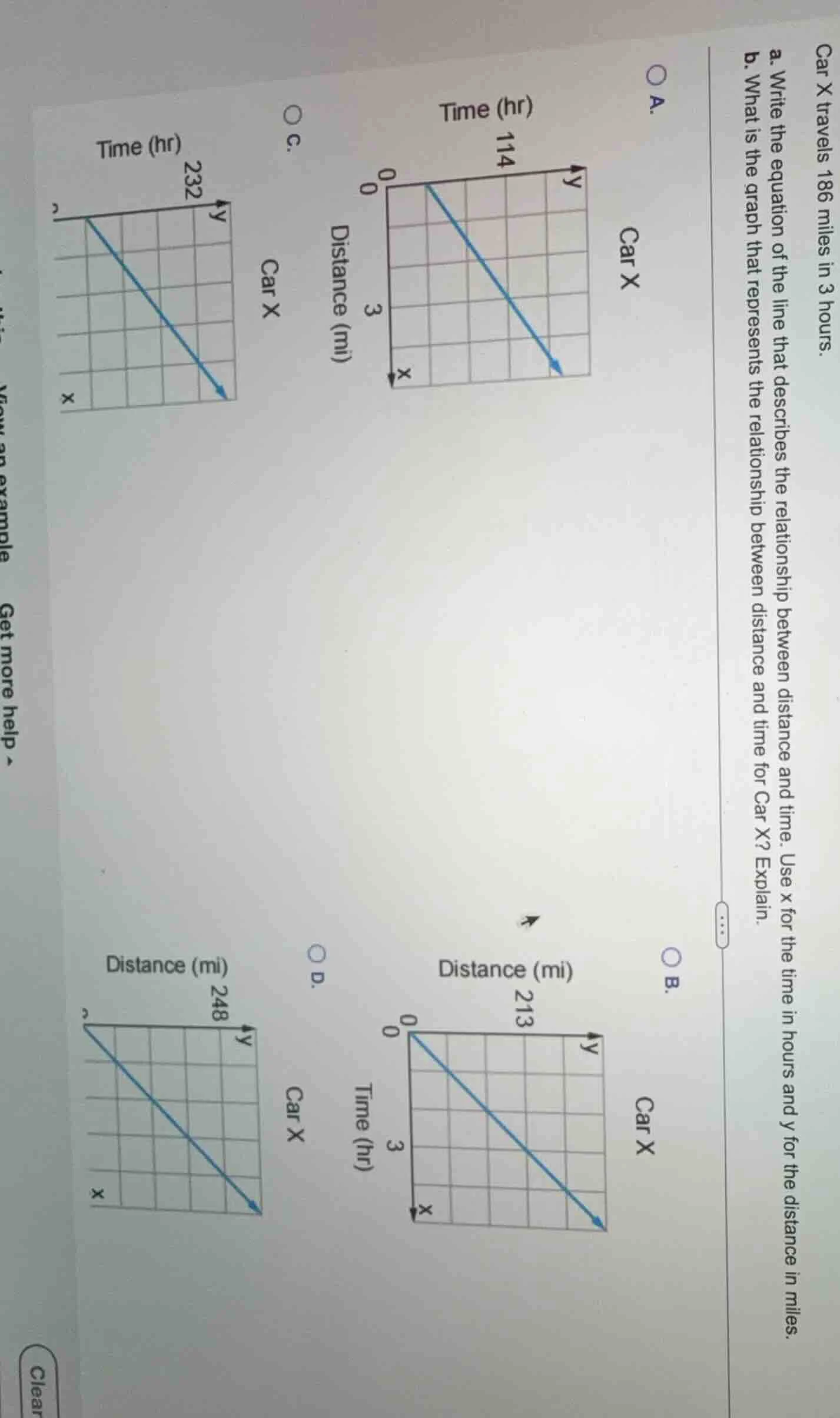 car x travels 186 miles in 3 hours. a. write the equation of the line t…