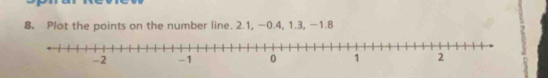 8. plot the points on the number line. 2.1, $-0.4$, 1.3, $-1.8$