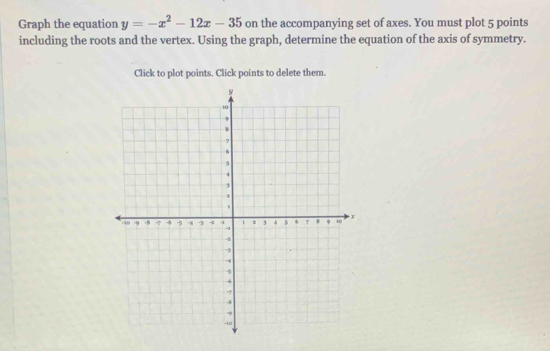 graph the equation $y = -x^2 - 12x - 35$ on the accompanying set of axe…