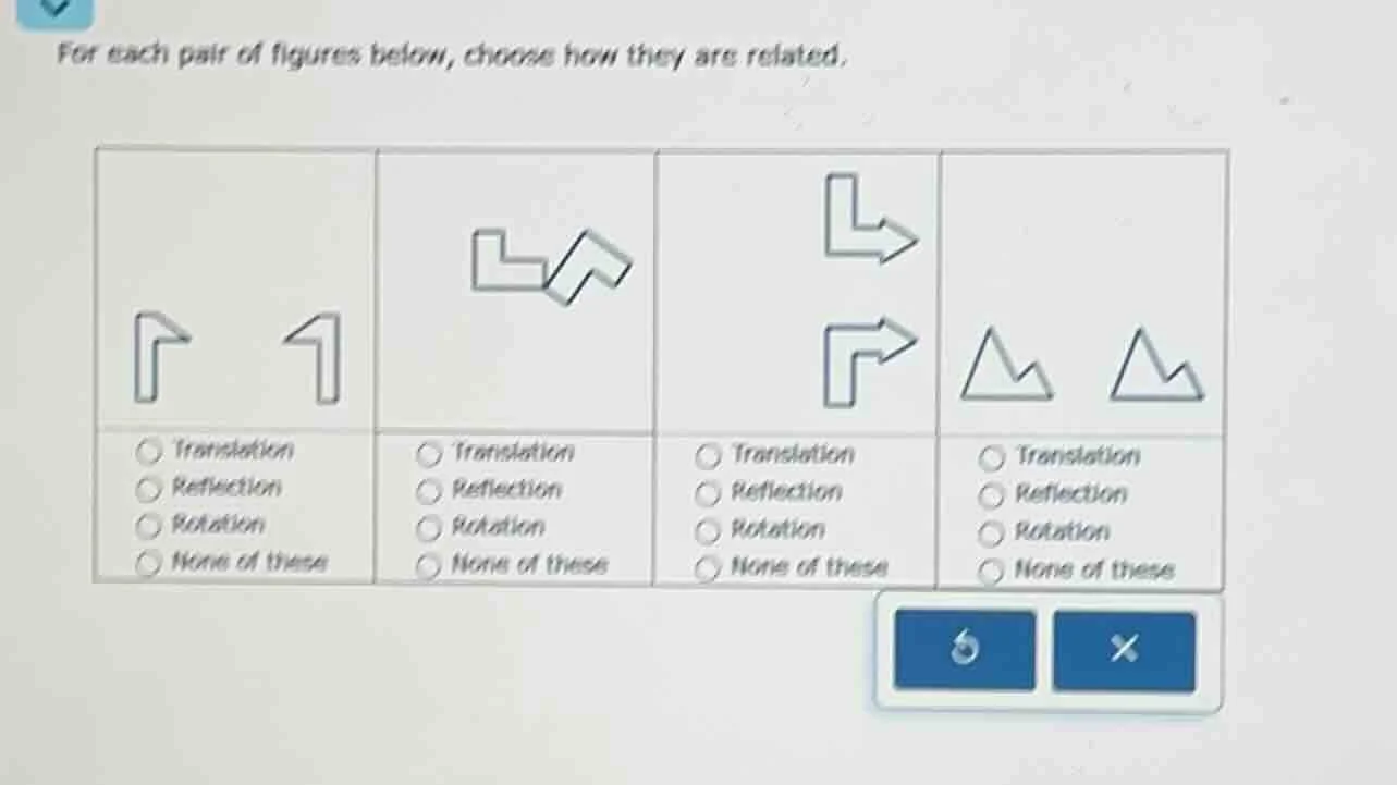 for each pair of figures below, choose how they are related. 1. transla…
