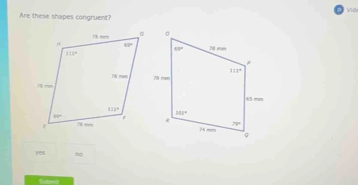 are these shapes congruent? yes no submit