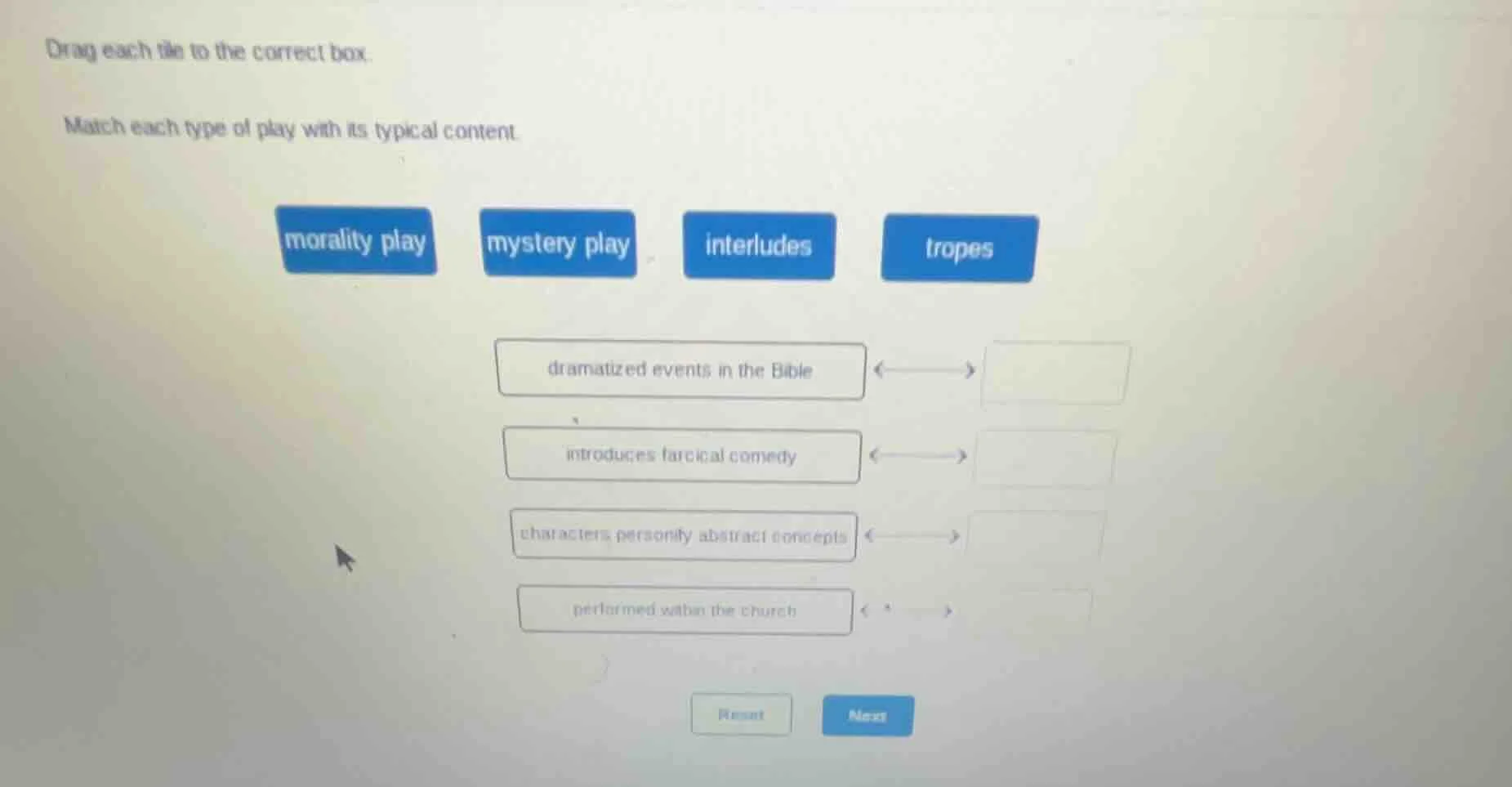 drag each tile to the correct box. match each type of play with its typ…