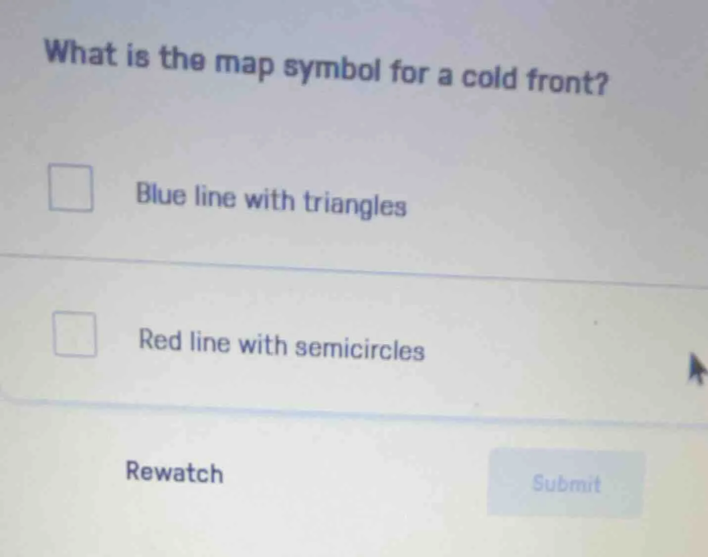 what is the map symbol for a cold front?blue line with trianglesred lin…