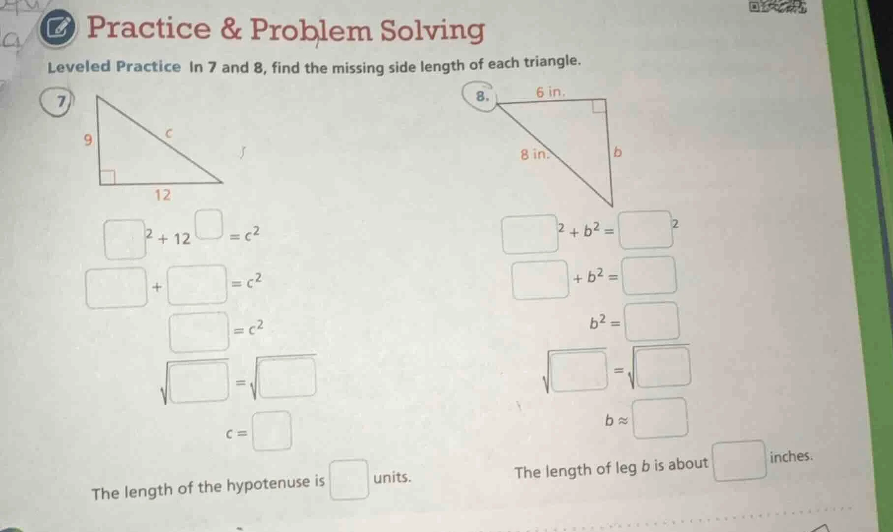 practice & problem solving leveled practice in 7 and 8, find the missin…