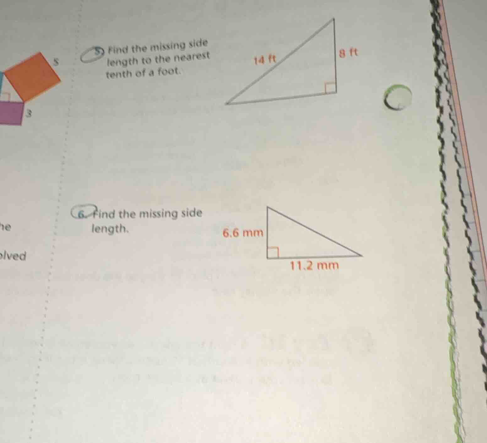 5 find the missing side length to the nearest tenth of a foot. 14 ft 8 …