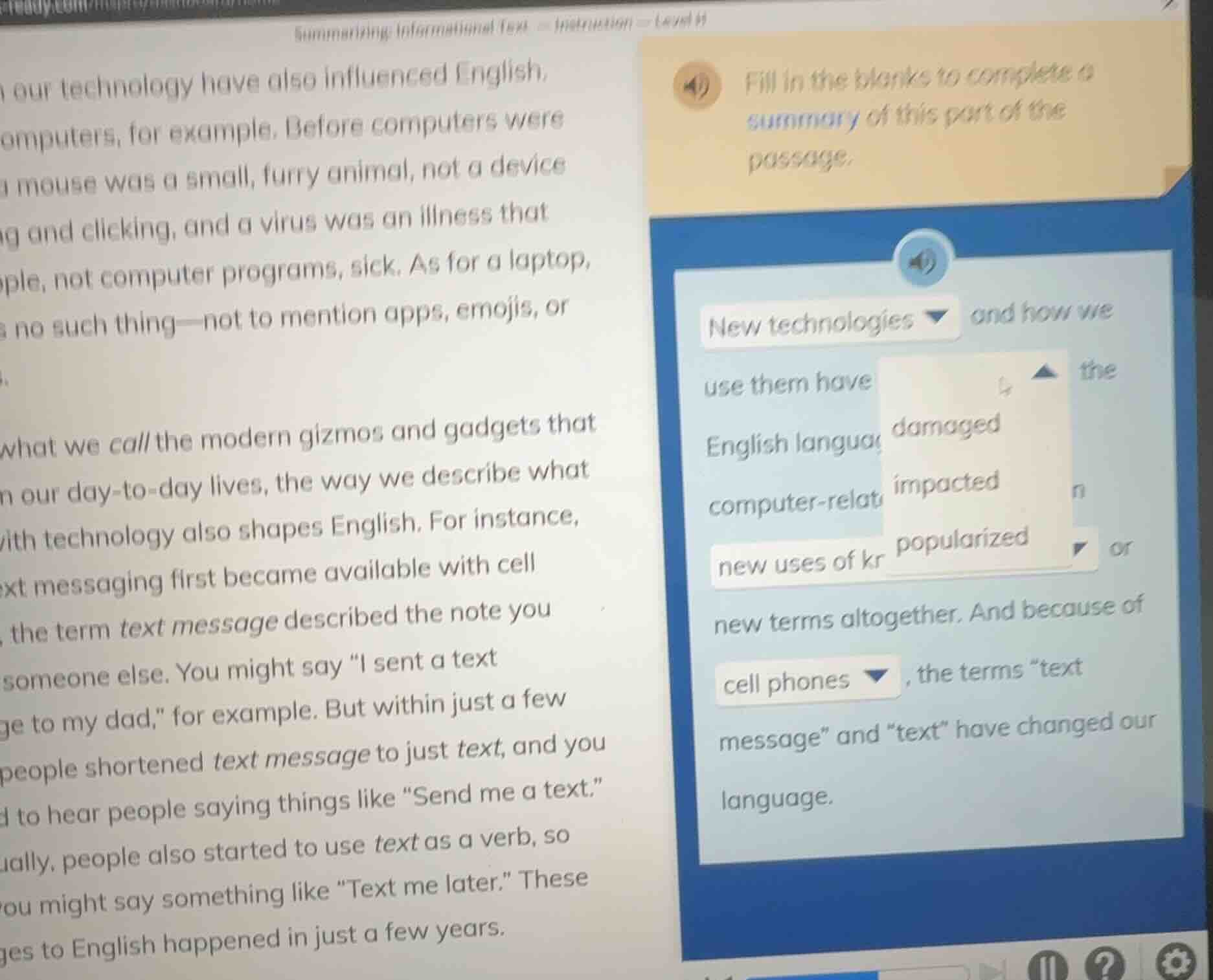 summarizing informational text - instruction - level h our technology h…
