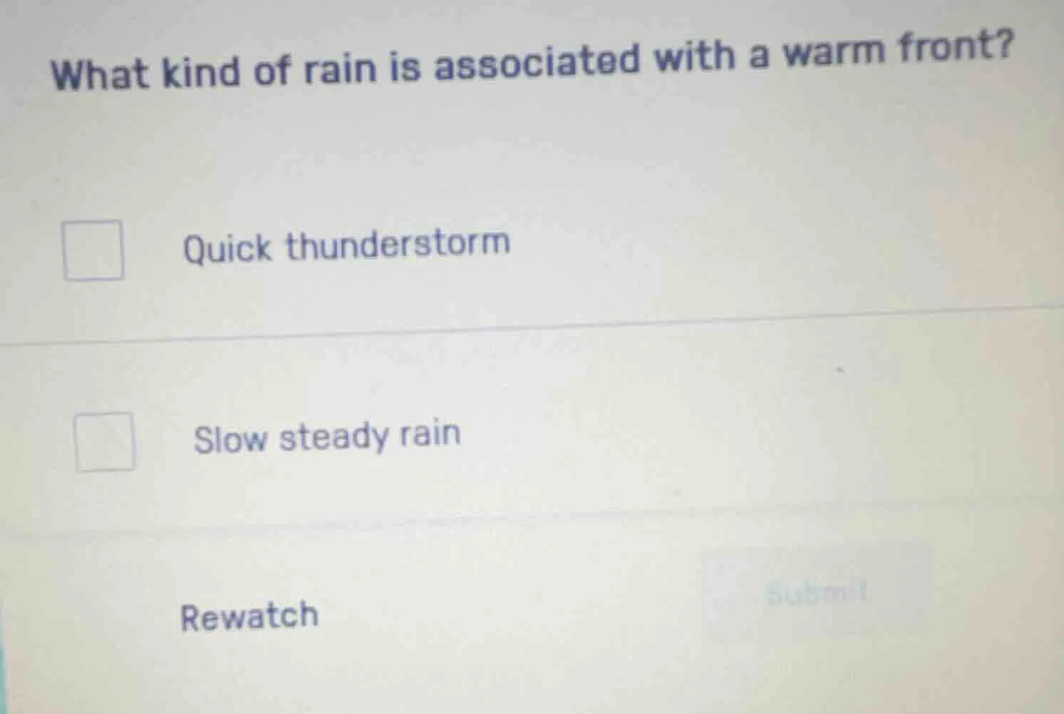 what kind of rain is associated with a warm front? quick thunderstorm s…