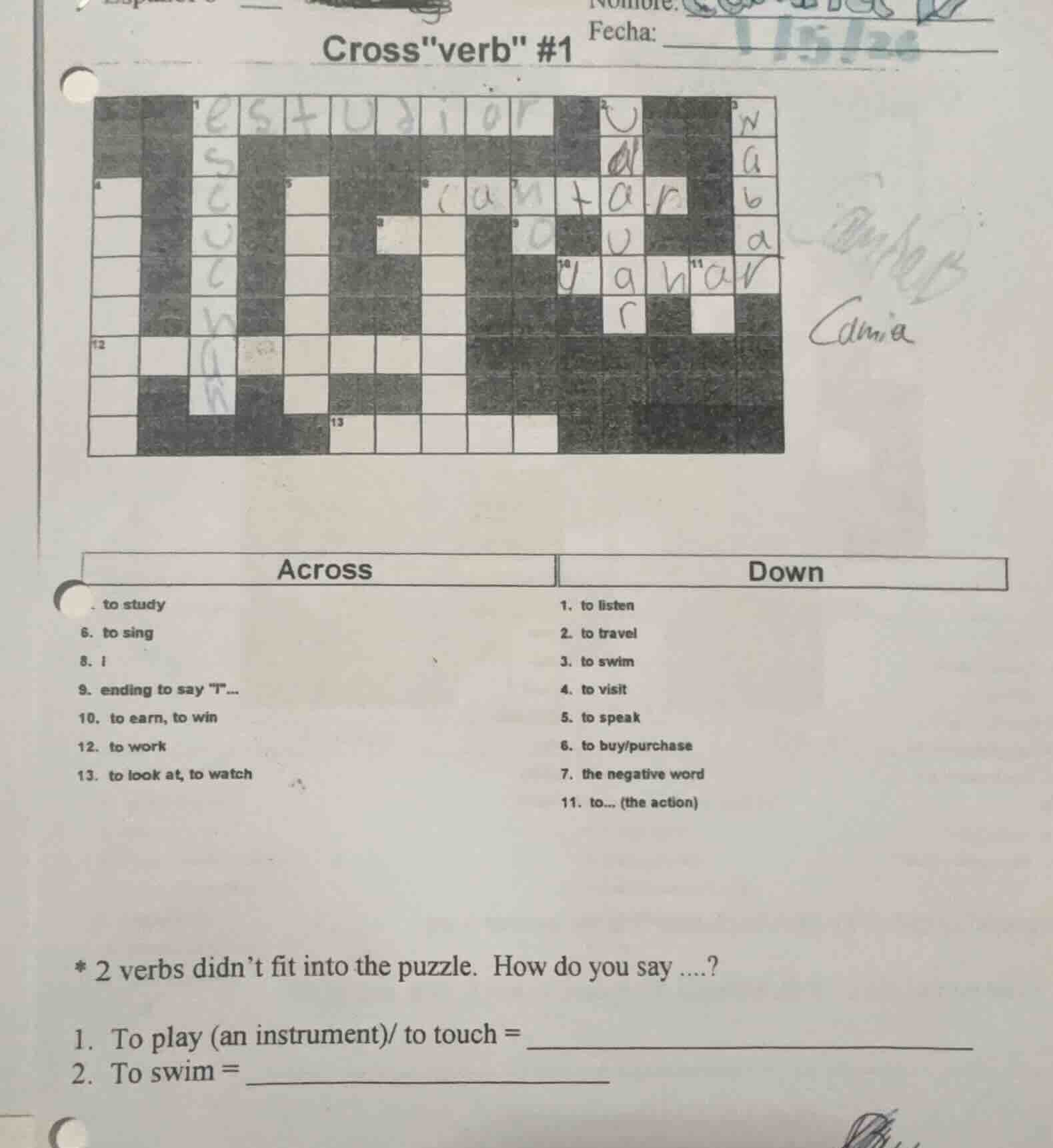 cross\verb\ #1 nombre: fecha: across . to study 6. to sing 8. i 9. endi…