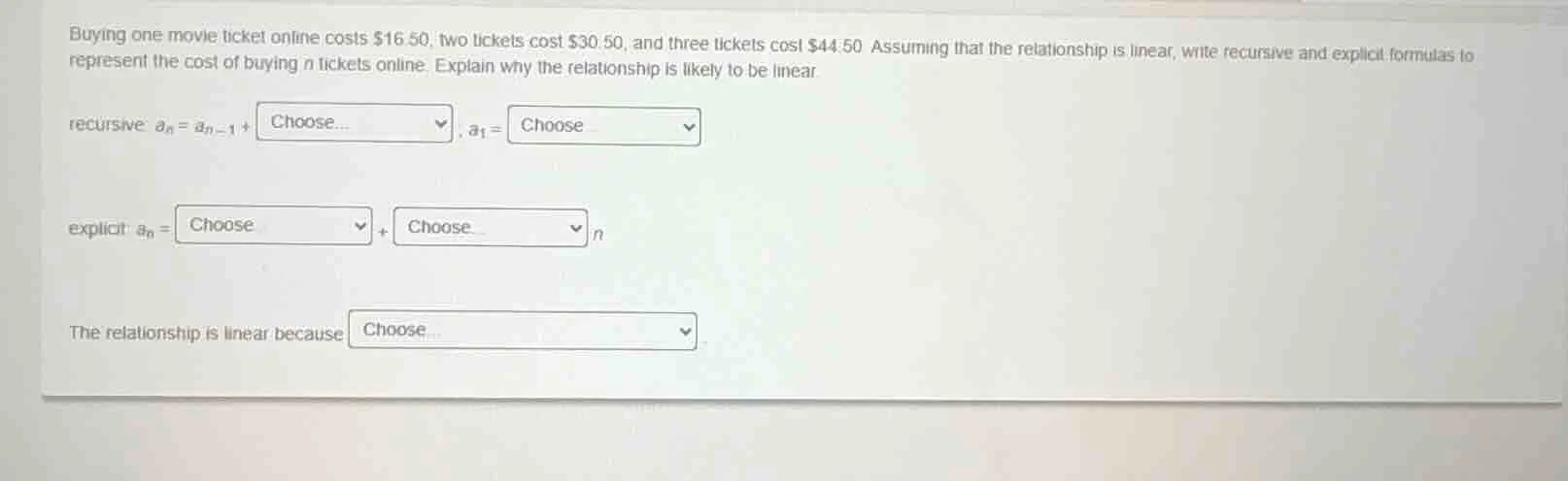 buying one movie ticket online costs $16.50, two tickets cost $30.50, a…