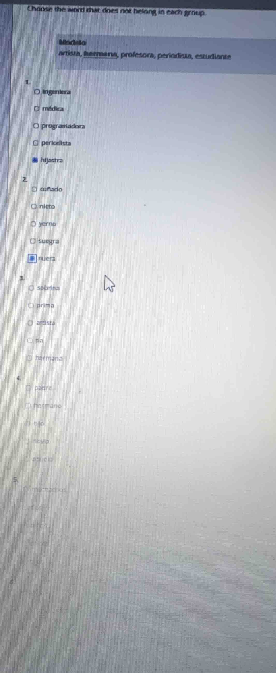 choose the word that does not belong in each group. modelo artista, her…