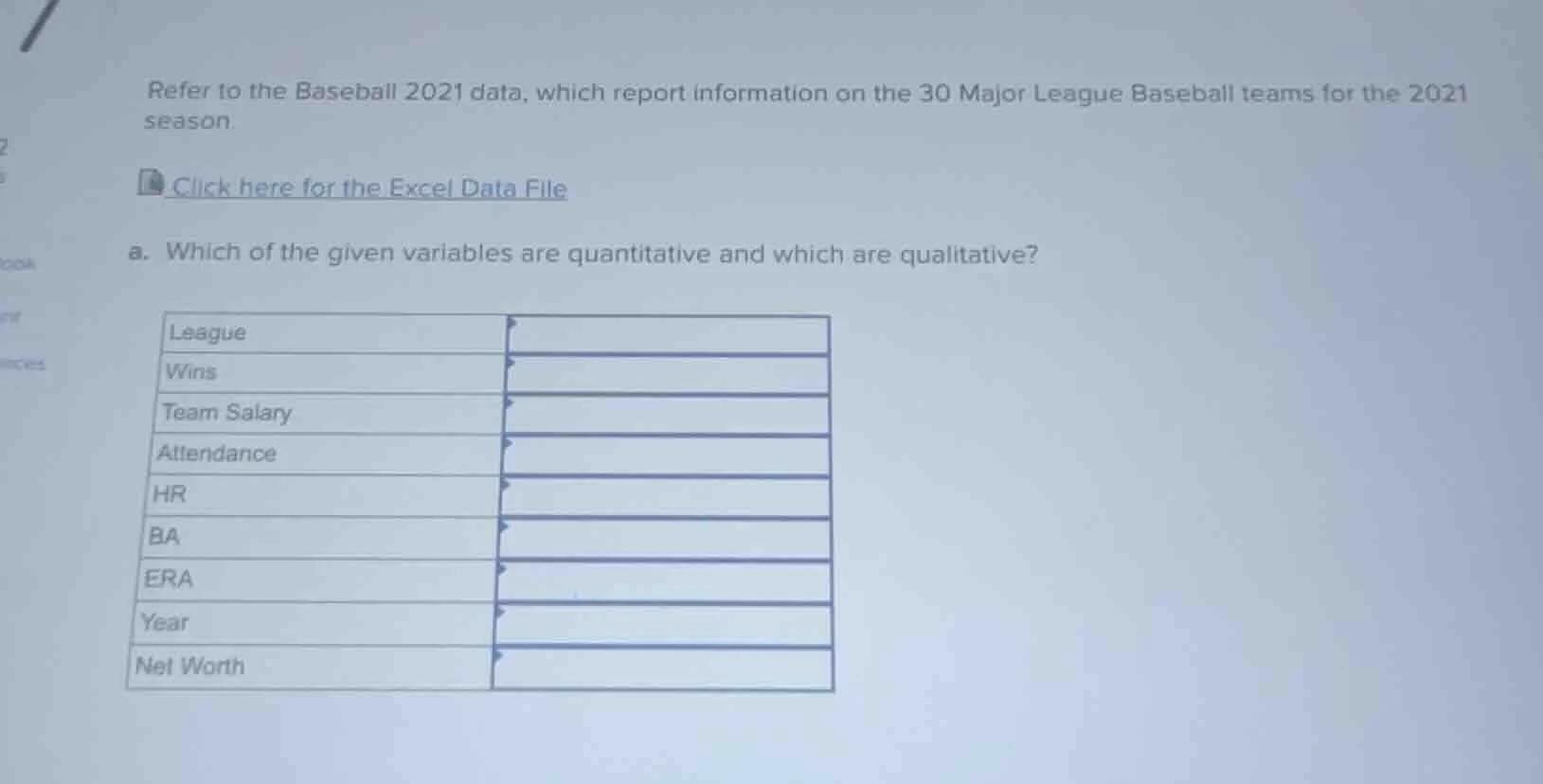 refer to the baseball 2021 data, which report information on the 30 maj…