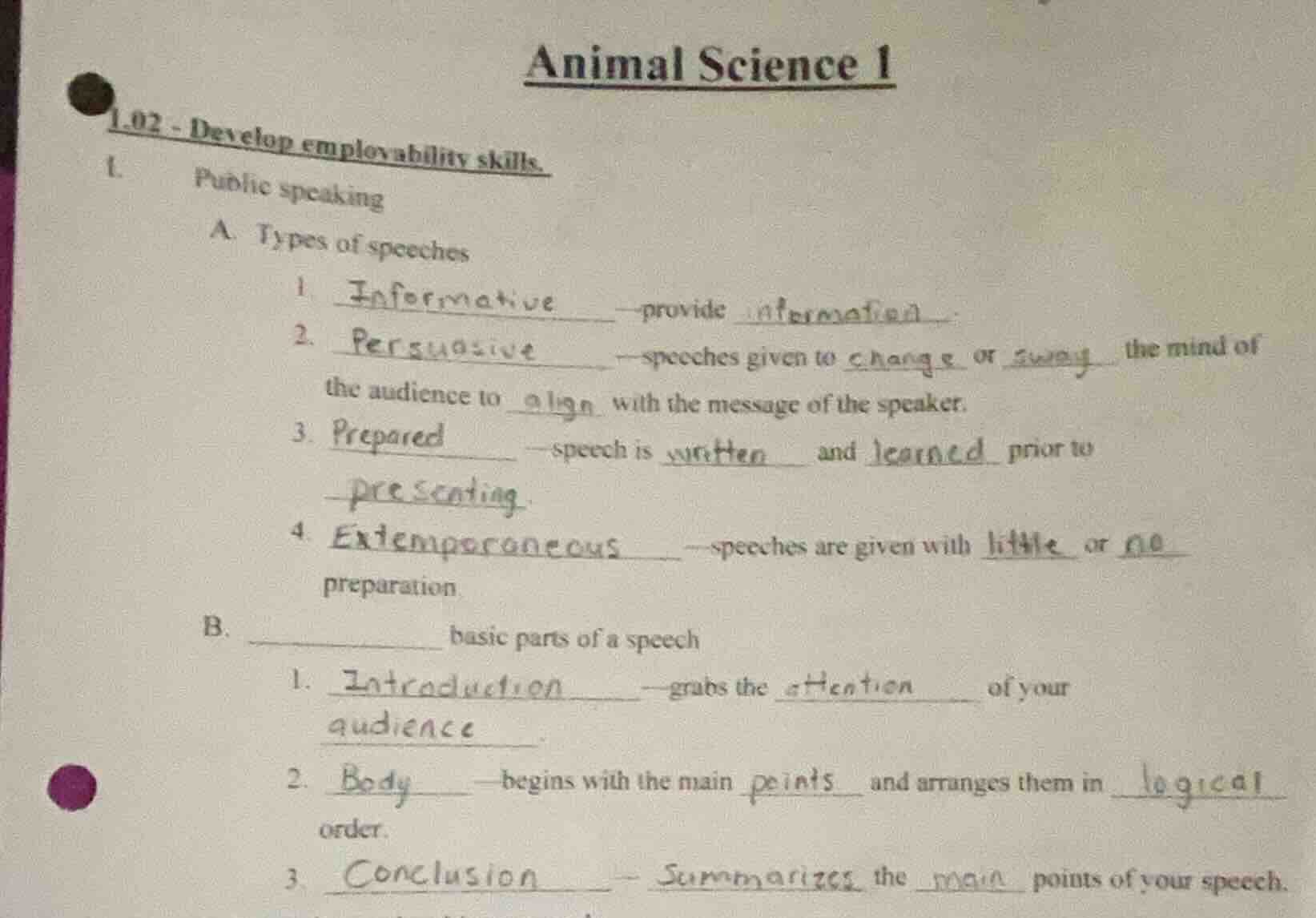 animal science 1 1.02 - develop employability skills. 1. public speakin…