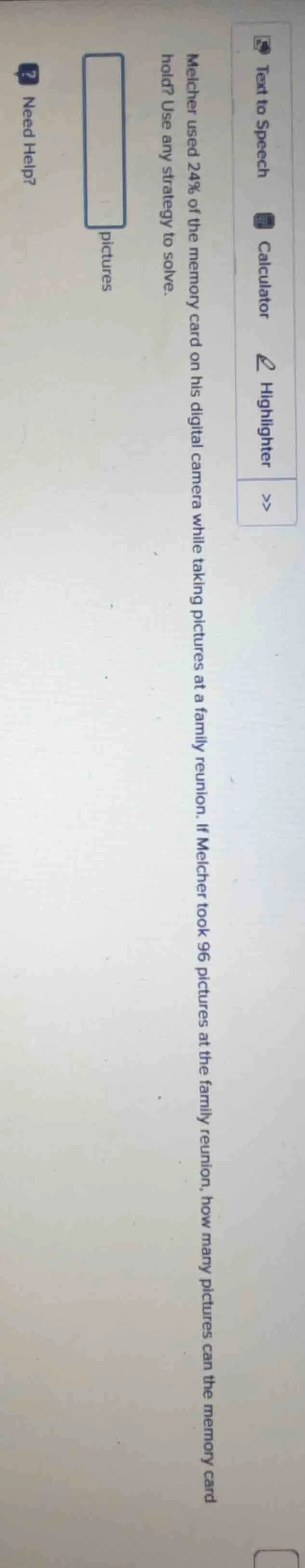 melcher used 24% of the memory card on his digital camera while taking …