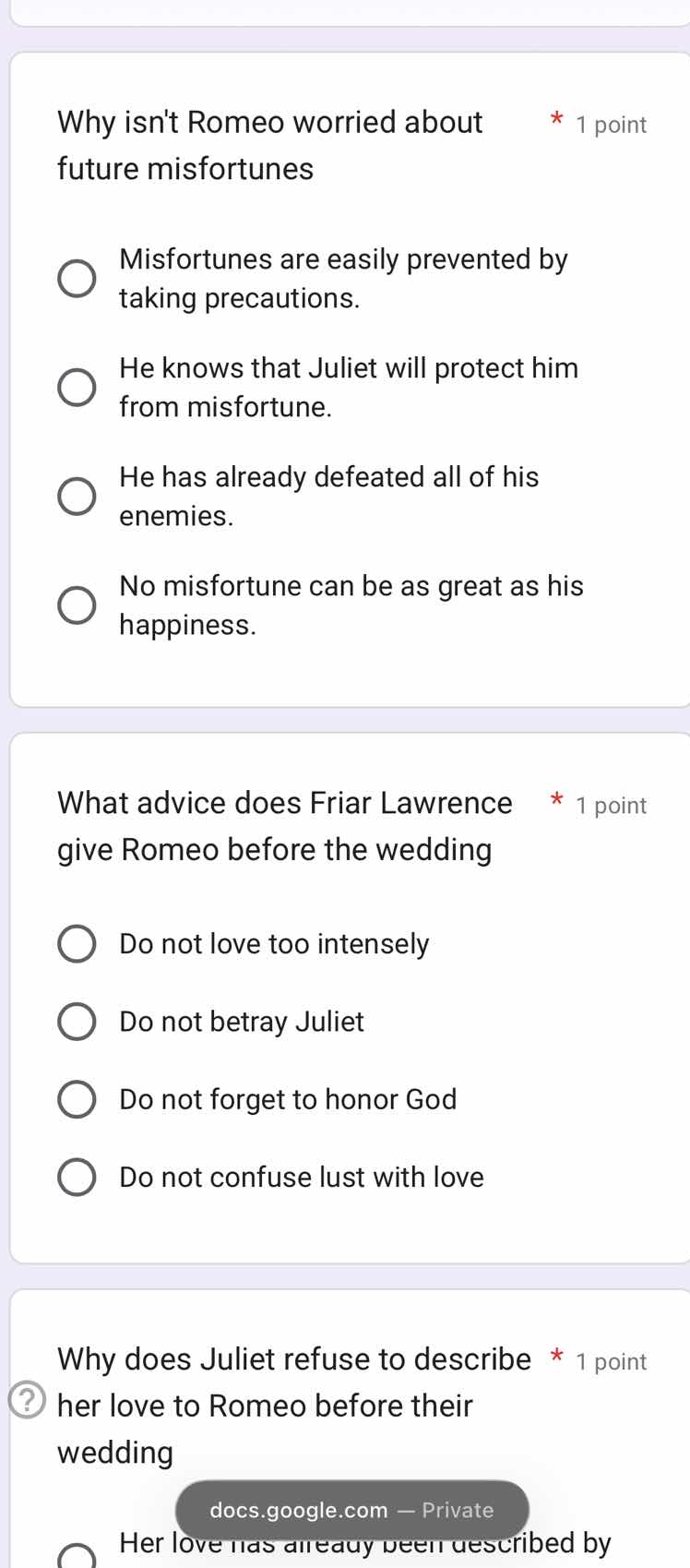 why isnt romeo worried about future misfortunes * 1 point misfortunes a…