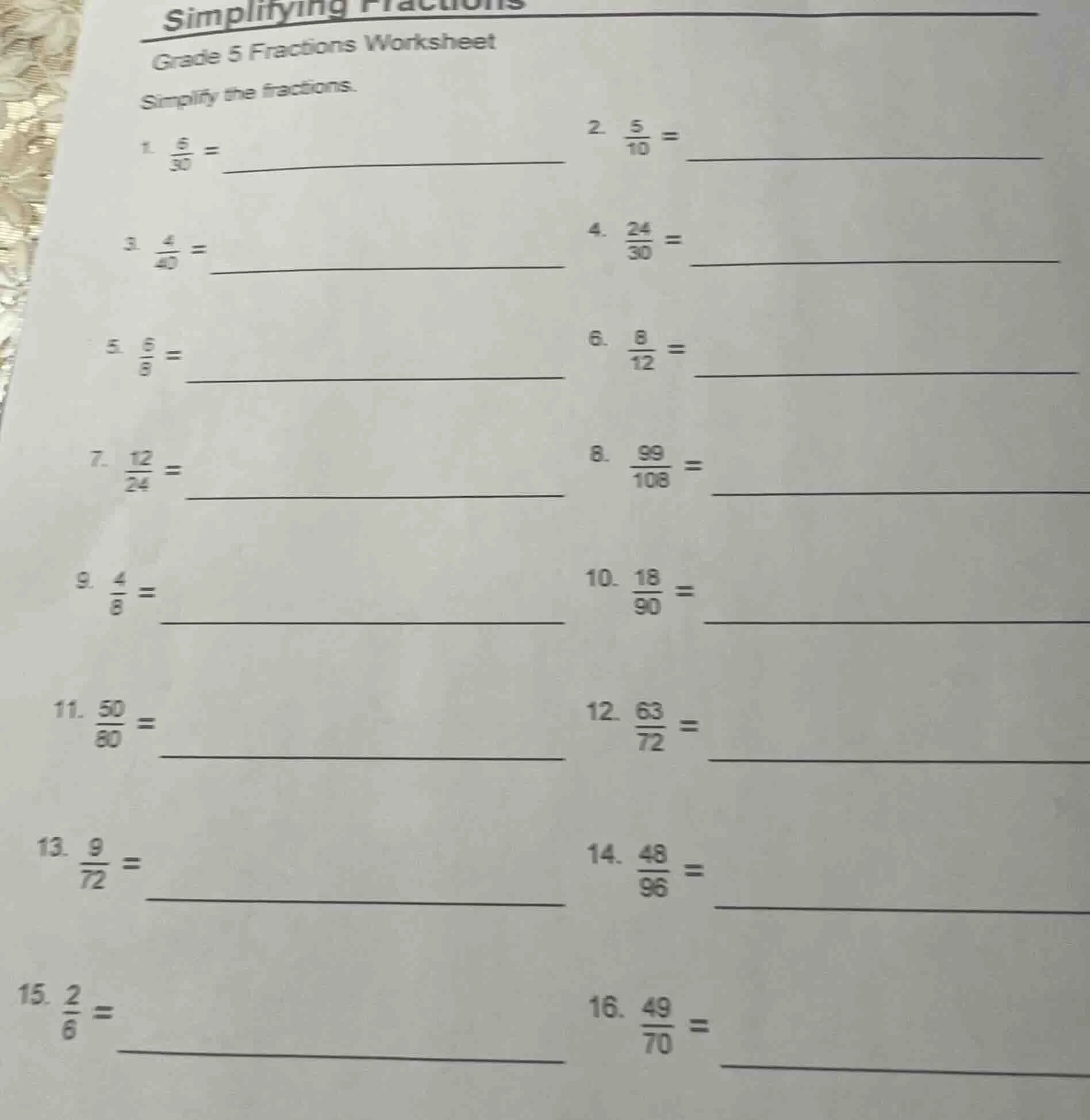 simplifying fractions grade 5 fractions worksheet simplify the fraction…