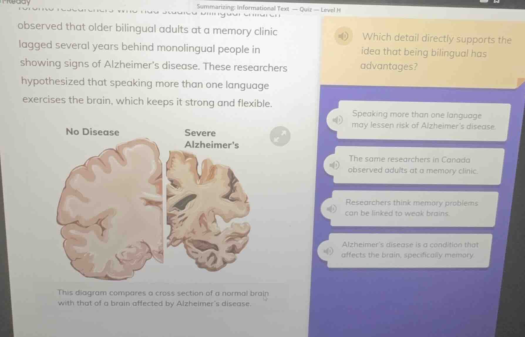 summarizing: informational text — quiz — level h observed that older bi…