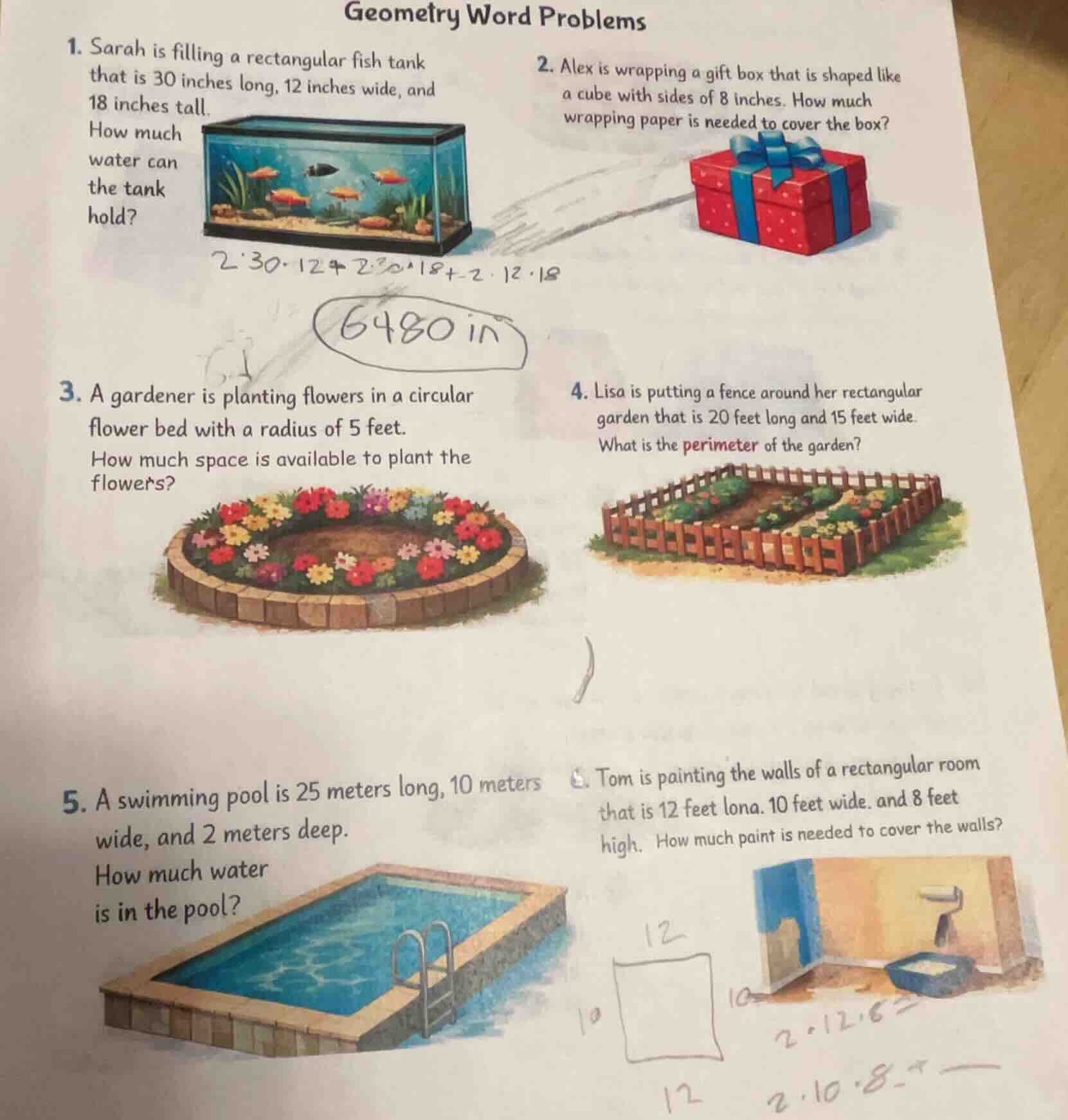 geometry word problems 1. sarah is filling a rectangular fish tank that…