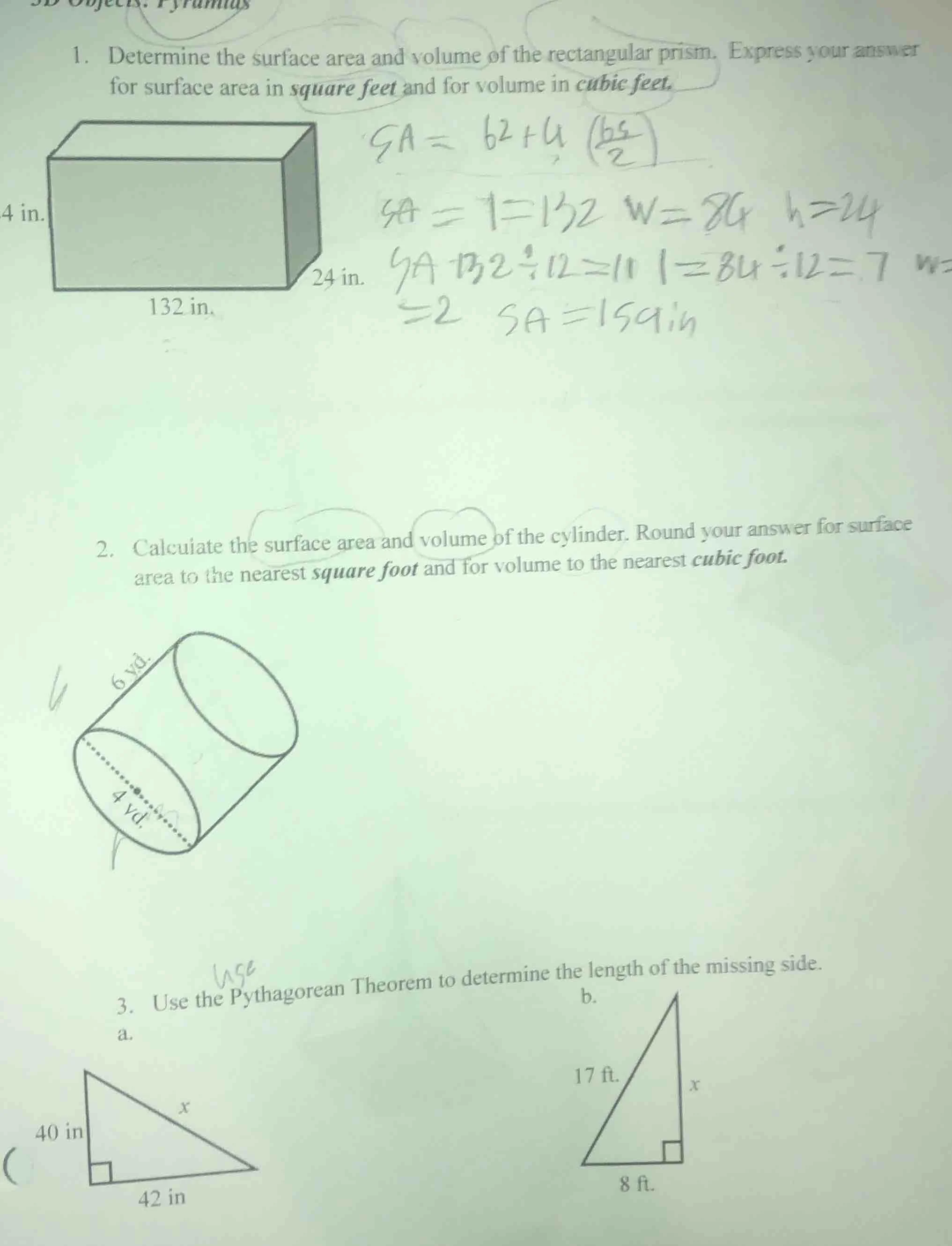 1. determine the surface area and volume of the rectangular prism. expr…