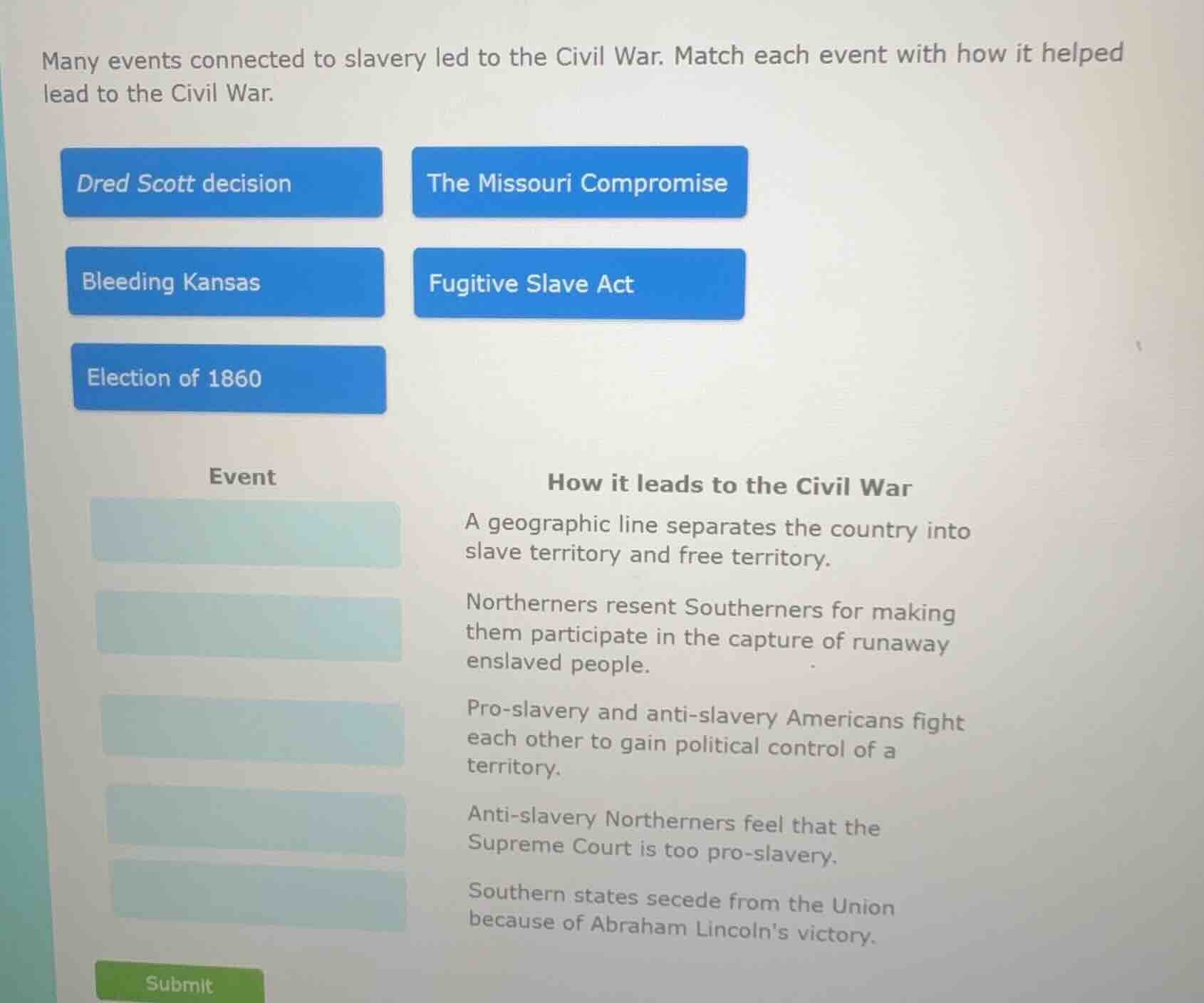 many events connected to slavery led to the civil war. match each event…