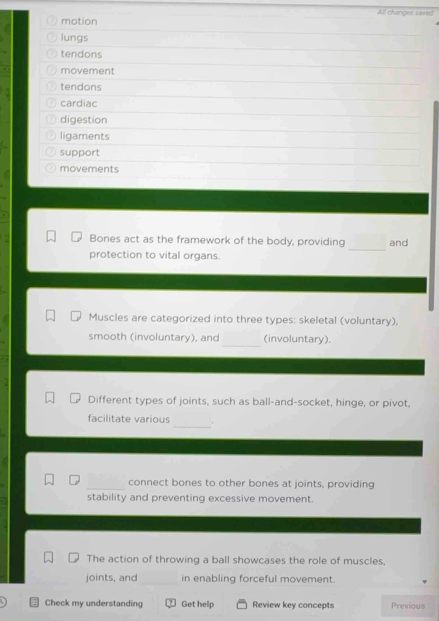 motion lungs tendons movement tendons cardiac digestion ligaments suppo…