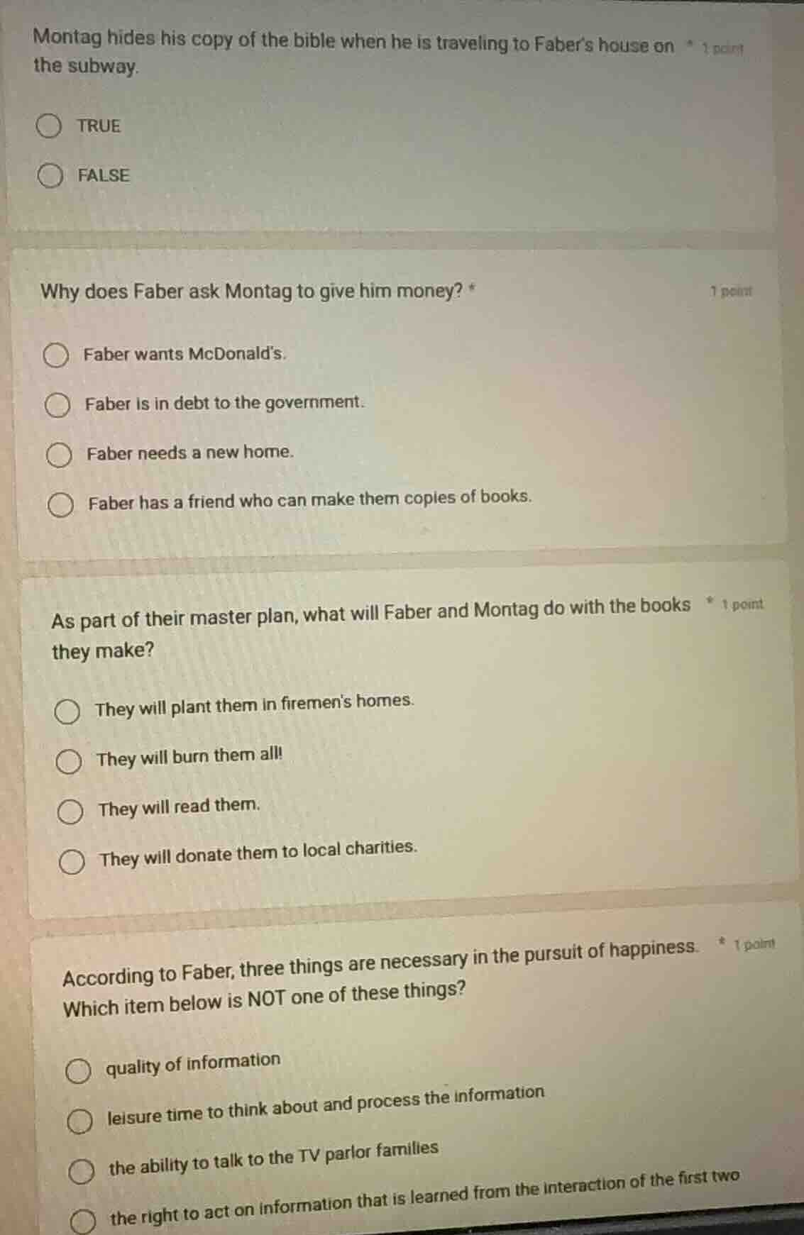 1. montag hides his copy of the bible when he is traveling to fabers ho…