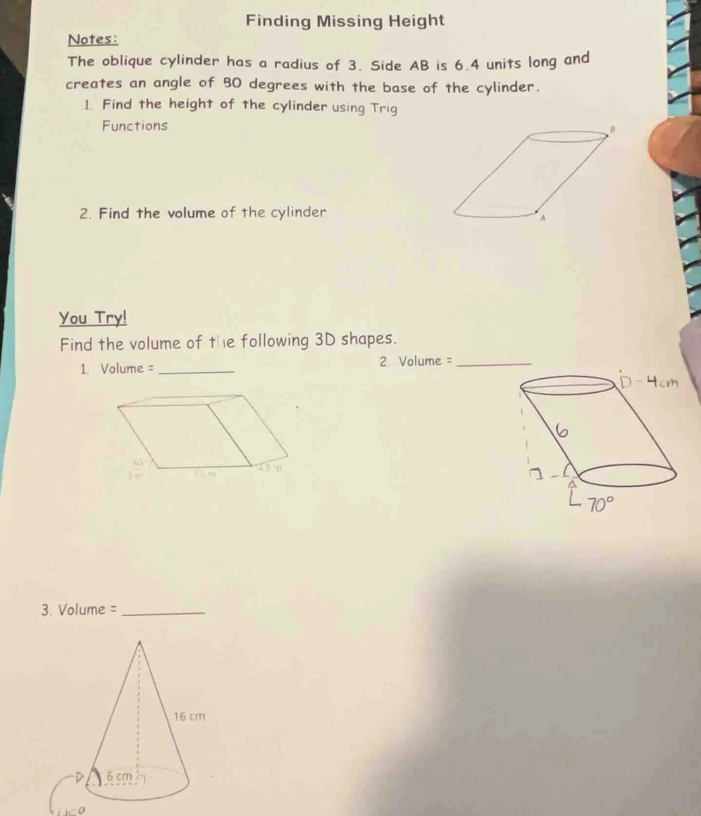 finding missing height notes: the oblique cylinder has a radius of 3. s…